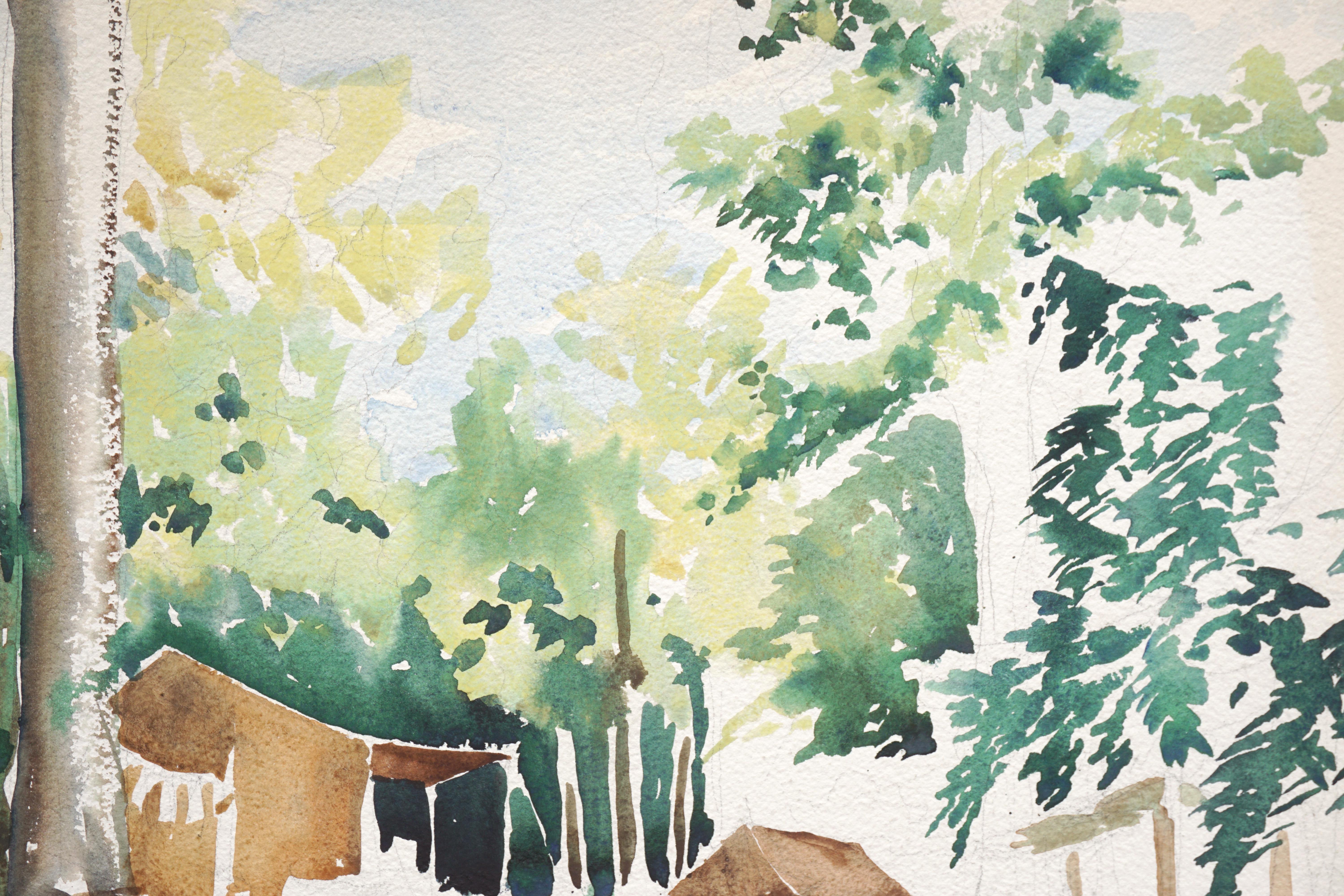 Campsite de Creekside - Paysage forestier du milieu du siècle - Aquarelle de paysage - Painting de Joseph Yeager