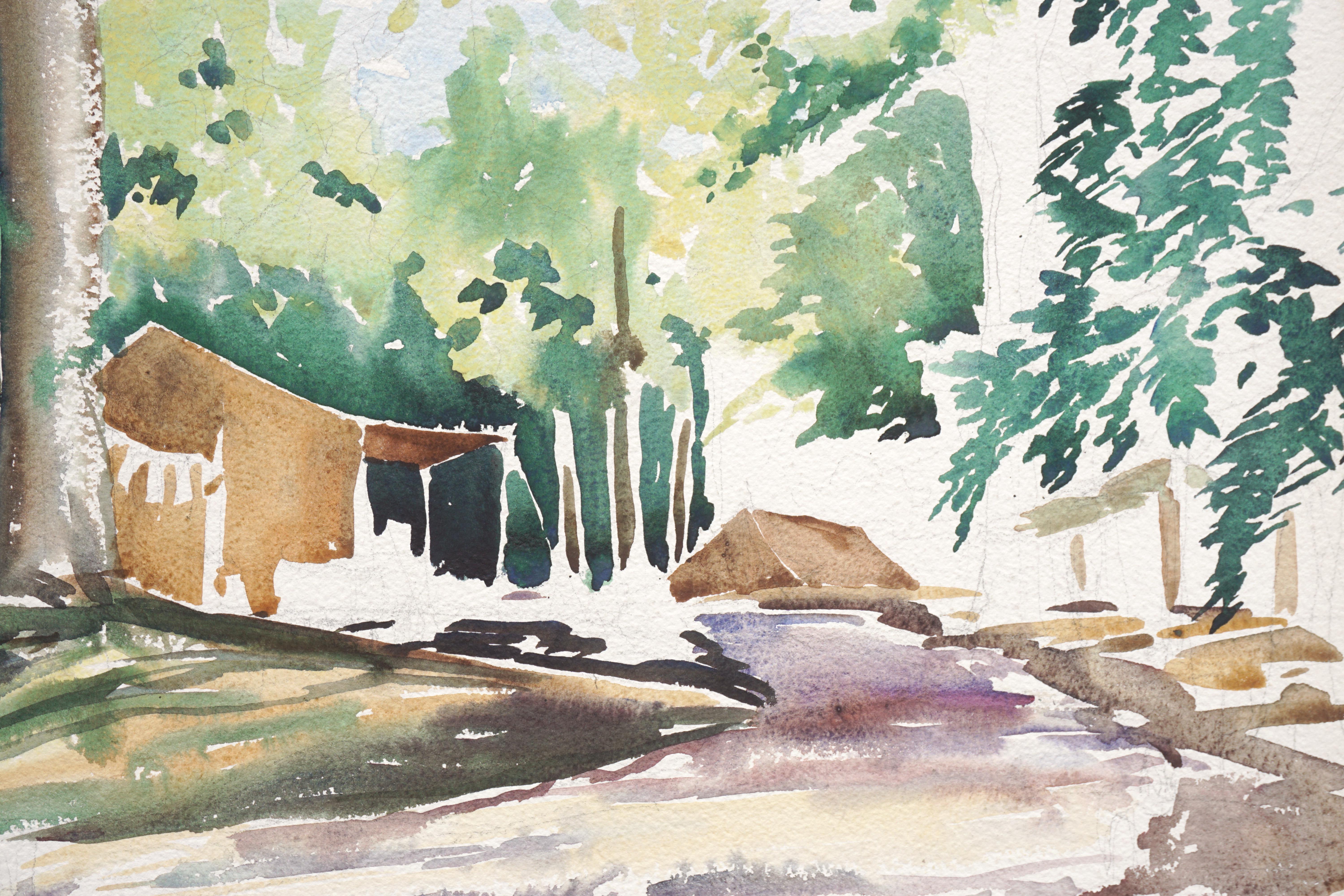 Campsite de Creekside - Paysage forestier du milieu du siècle - Aquarelle de paysage - Impressionnisme américain Painting par Joseph Yeager