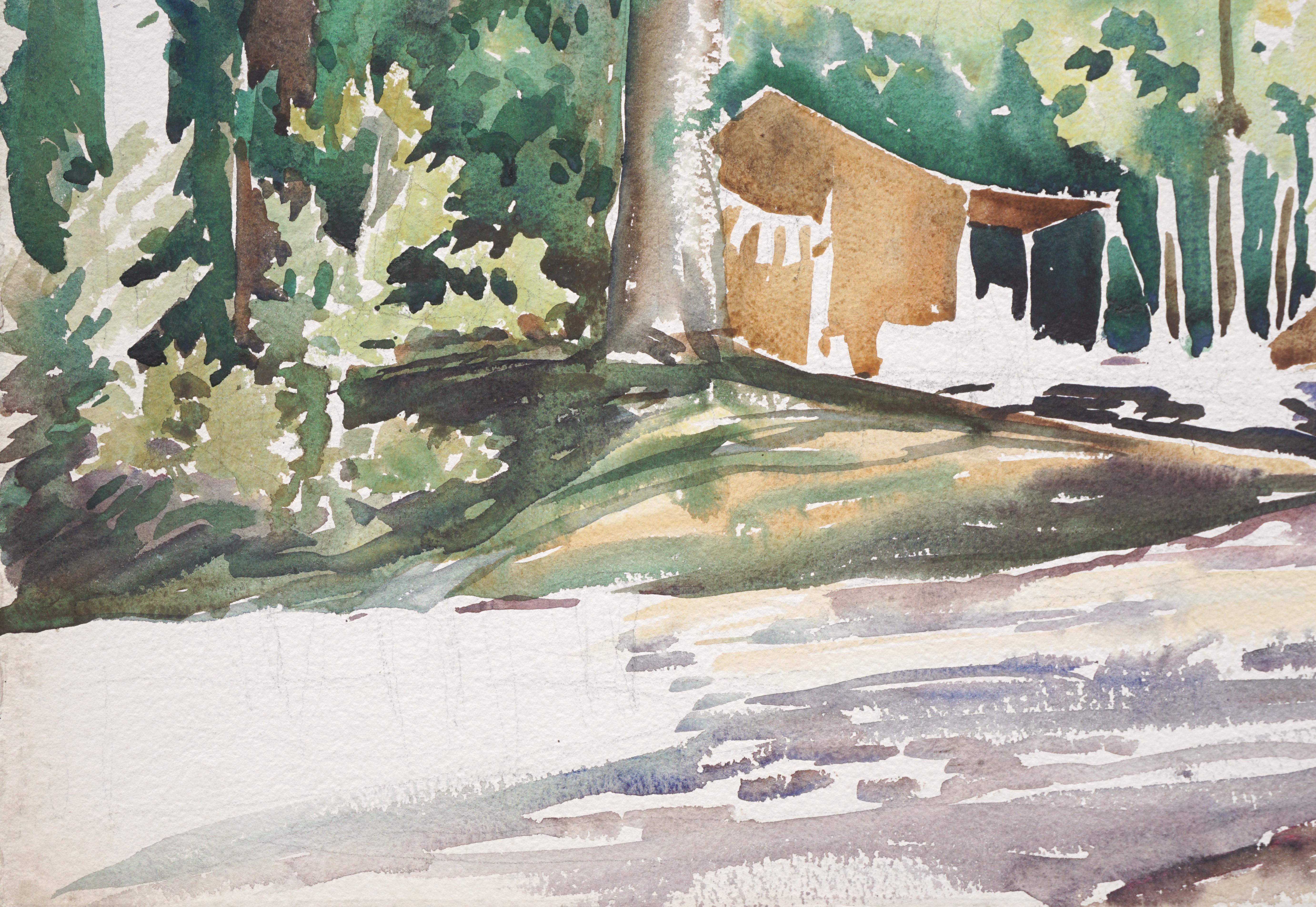 Campsite de Creekside - Paysage forestier du milieu du siècle - Aquarelle de paysage - Beige Landscape Painting par Joseph Yeager