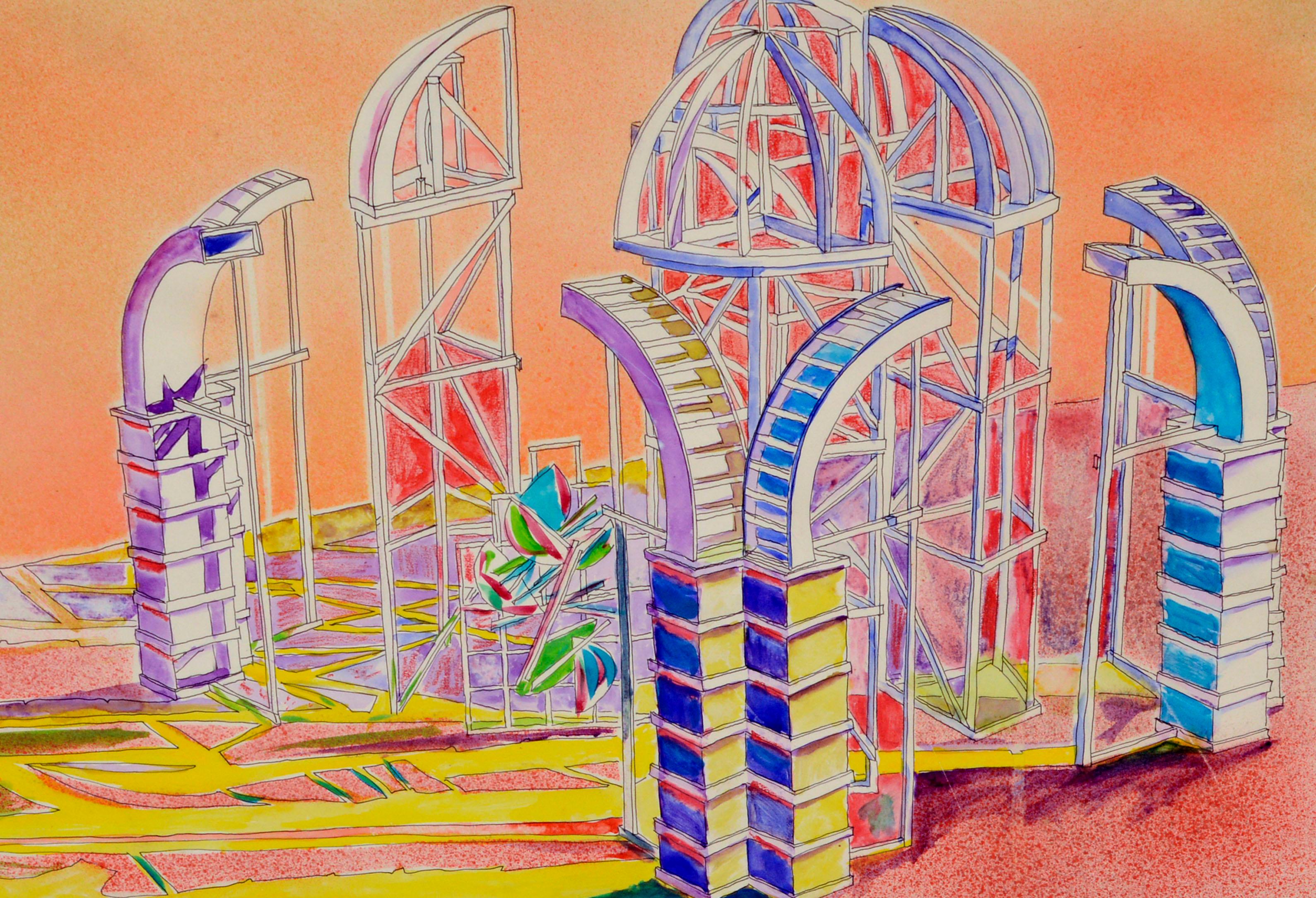 « Série Domus » - Paysage géométrique abstrait futuriste en néon  - Art de Anita Margrill