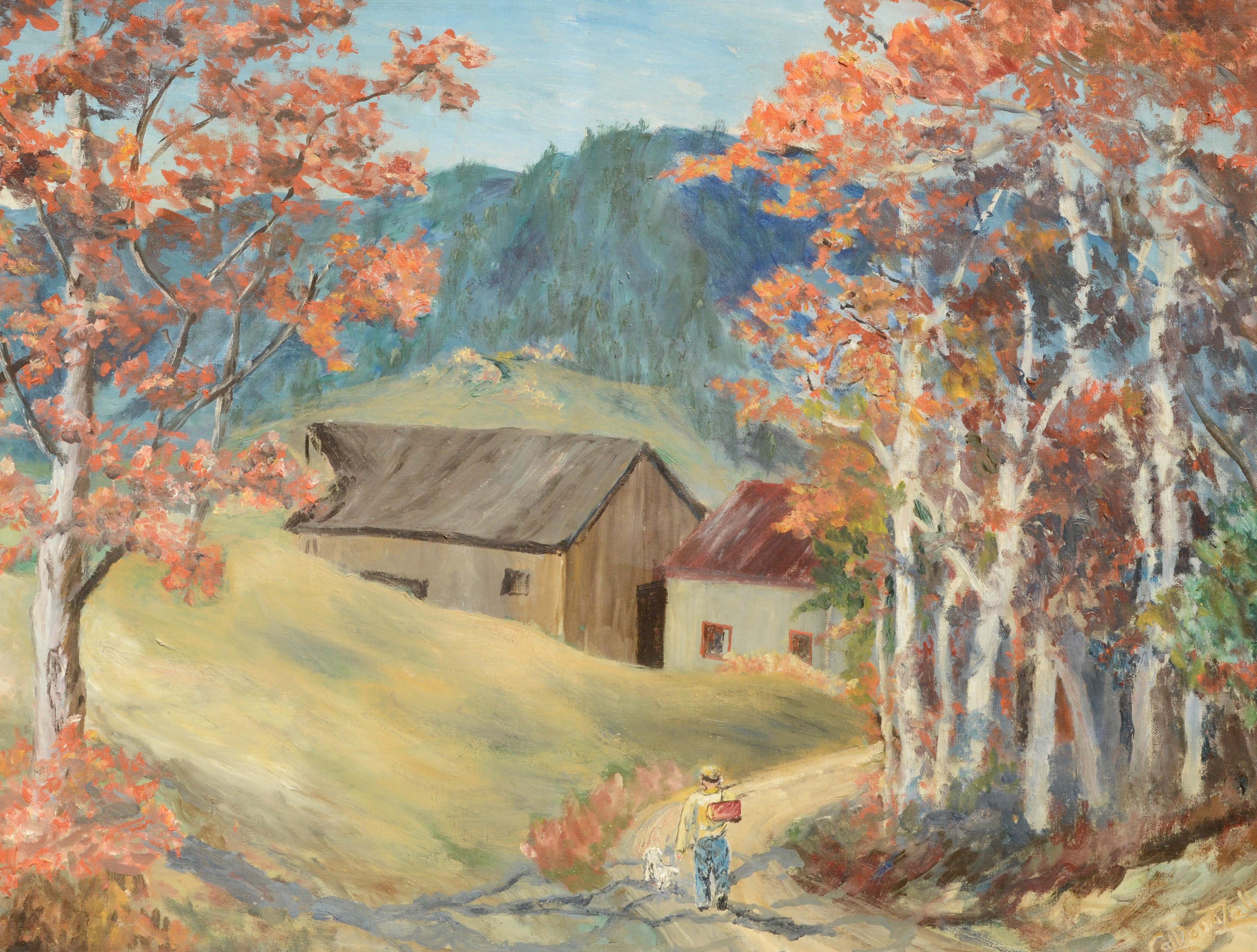 Mid Century Country Lane Figurative Landscape with Autumn Trees - Painting by Donna Zell