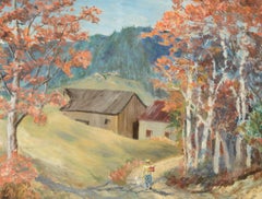 Figurative Landschaft im Landhausstil mit herbstlichen Bäumen, Mitte des Jahrhunderts