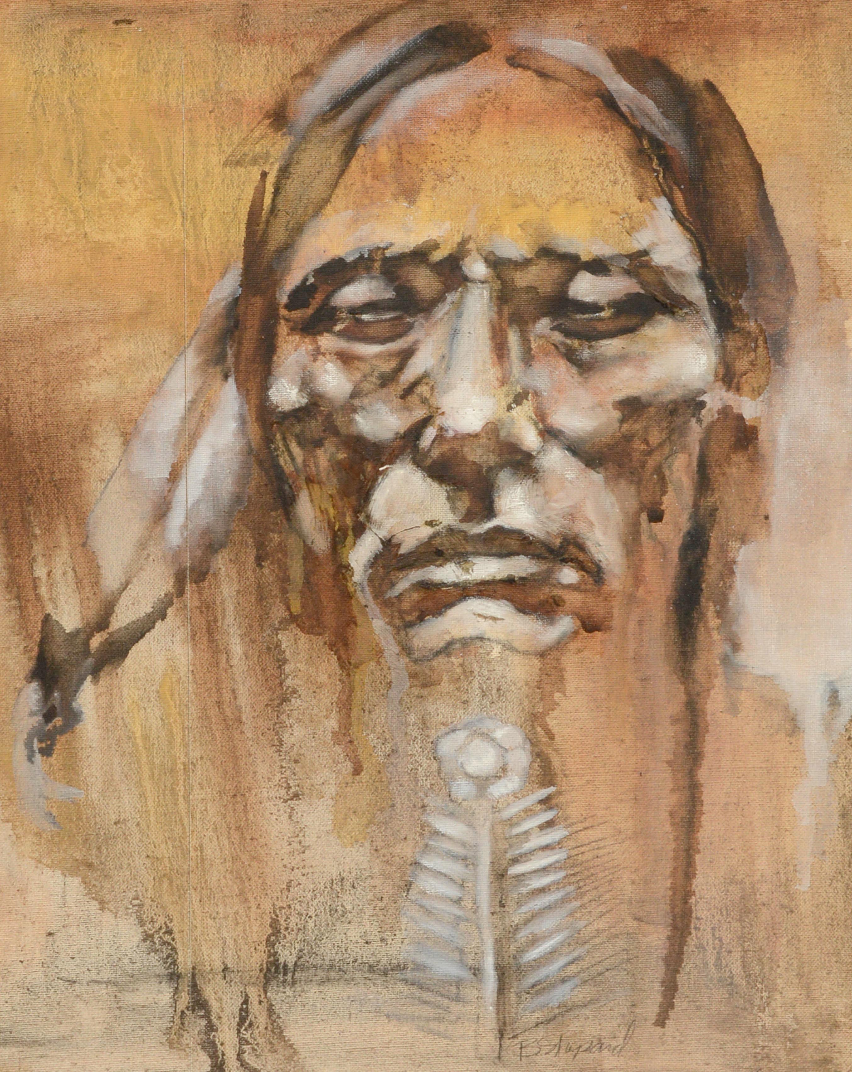Mid Century Native American Portrait  - Painting by B. Shepard