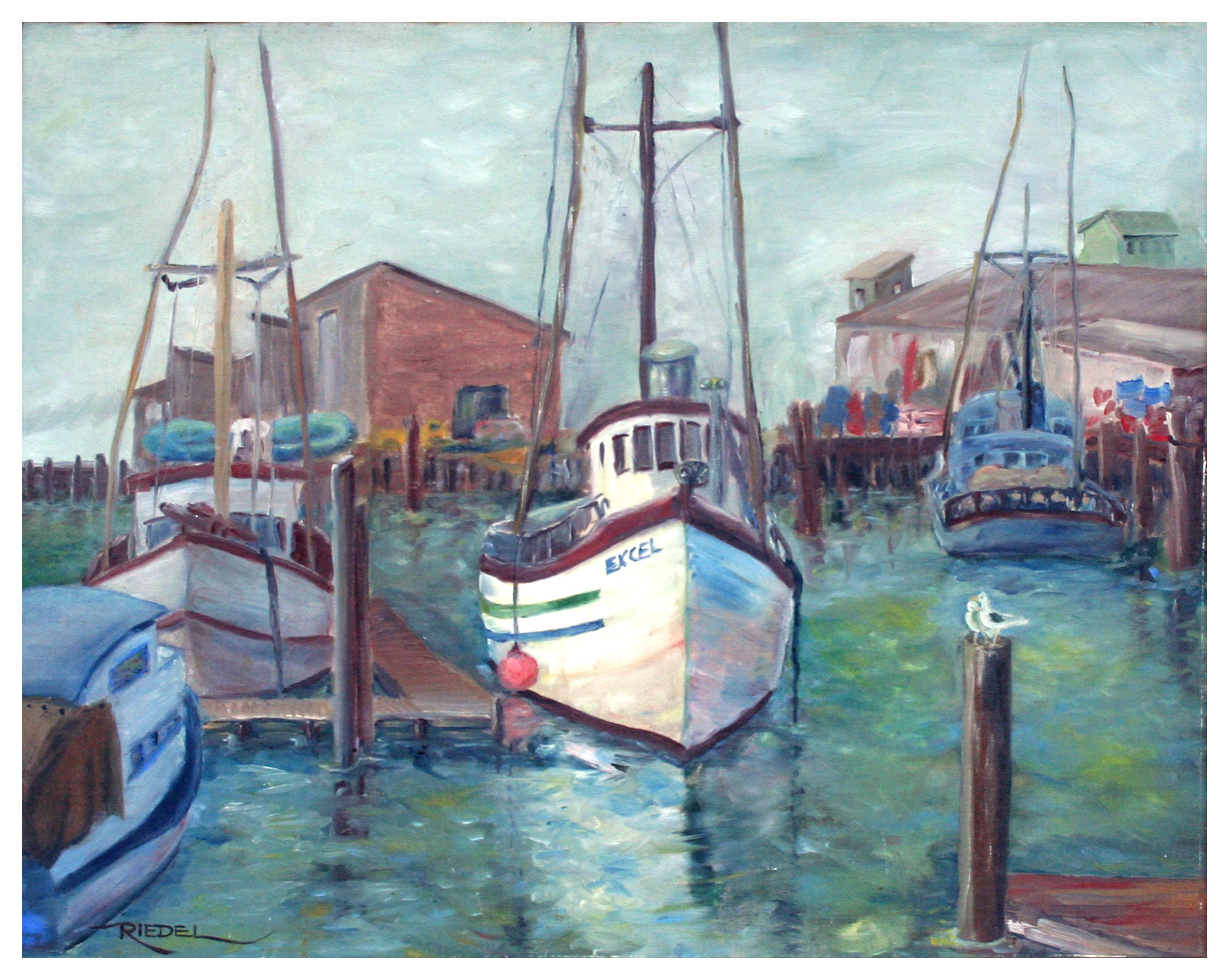 Moss Landing Harbor Landscape - Painting by Ione Riedel