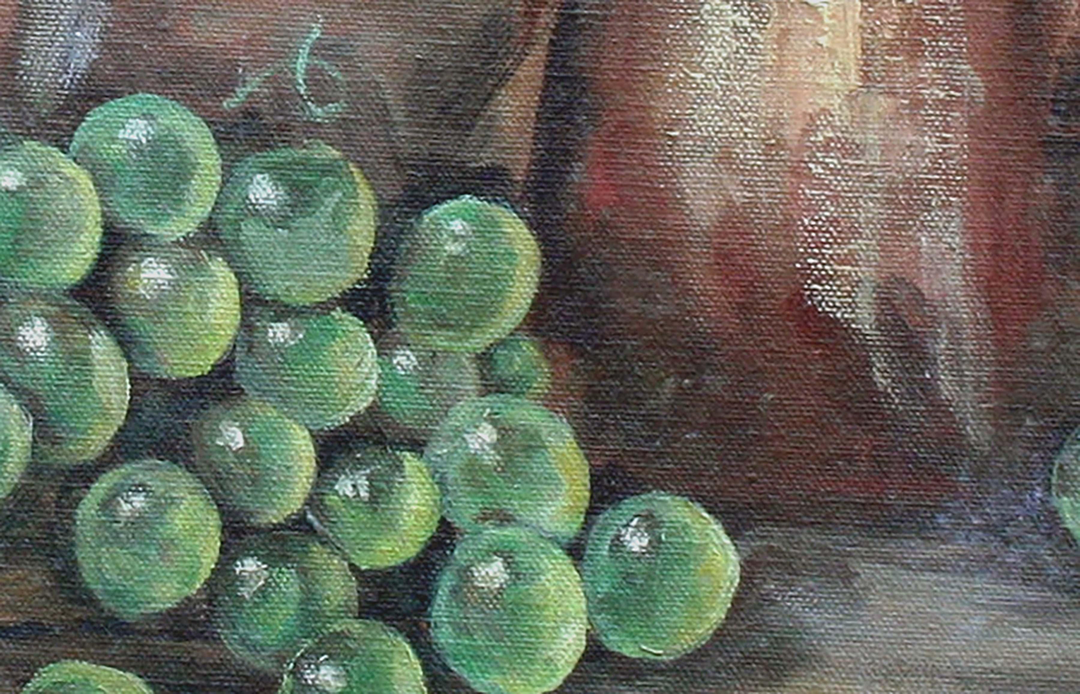 Pichet en cuivre et panier de raisins, nature morte vintage avec mur en brique - Impressionnisme américain Painting par Darlene Cantorna