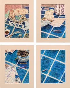 Four Panel Still Life, 1970s Artist's Studio with Succulent Plant & Blue Tile 