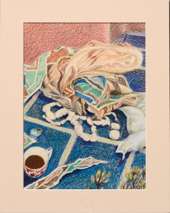 Natura morta a quattro pannelli, Studio d'artista degli anni '70 con pianta succulenta e piastrella blu