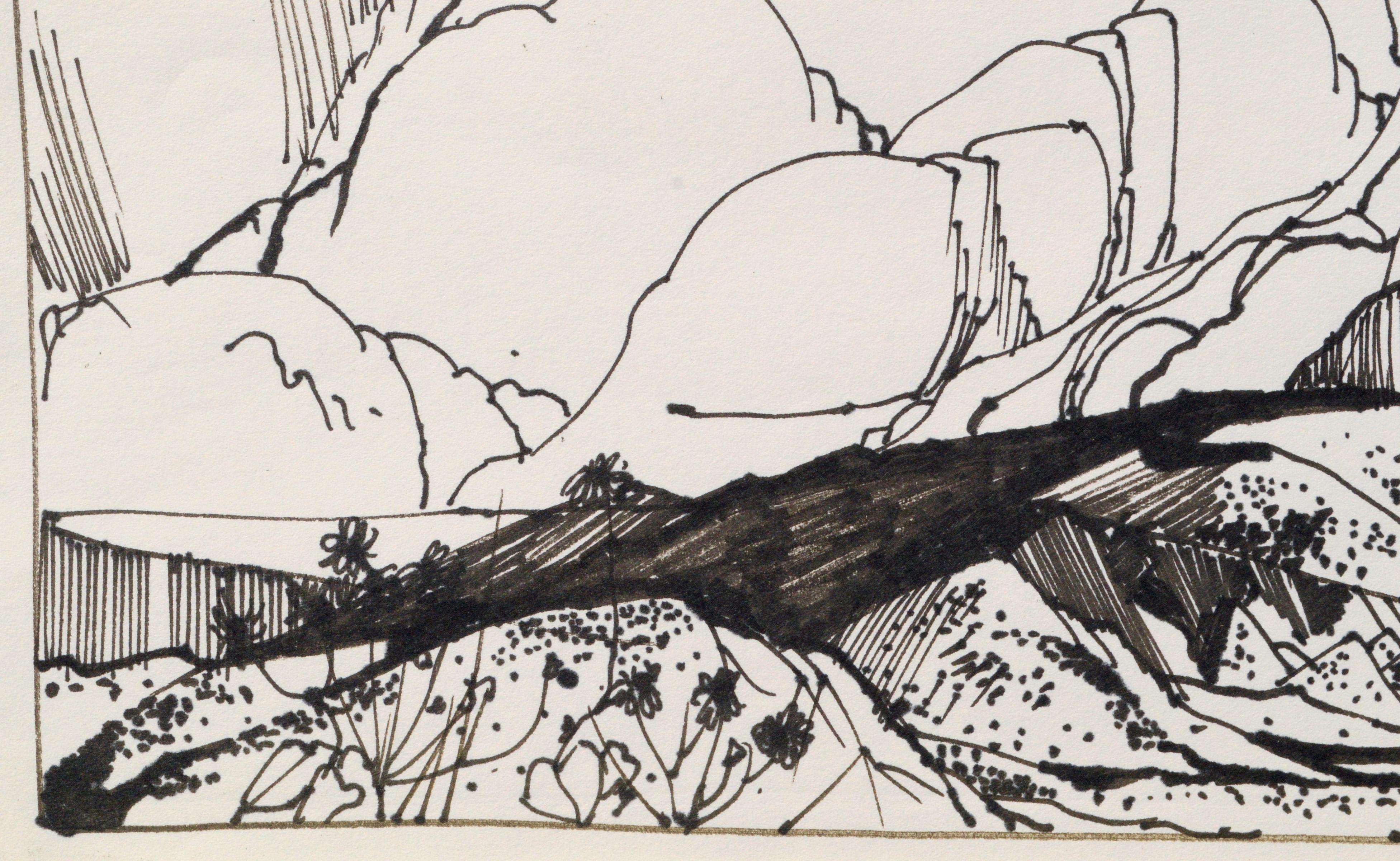 Dessin au trait de paysage audacieux avec de gros nuages sur un paysage désertique par l'artiste listé du Maine Laurence Sisson (américain, 1928-2015). Cette œuvre n'est pas signée, mais a été acquise auprès de David Sisson, le fils de l'artiste