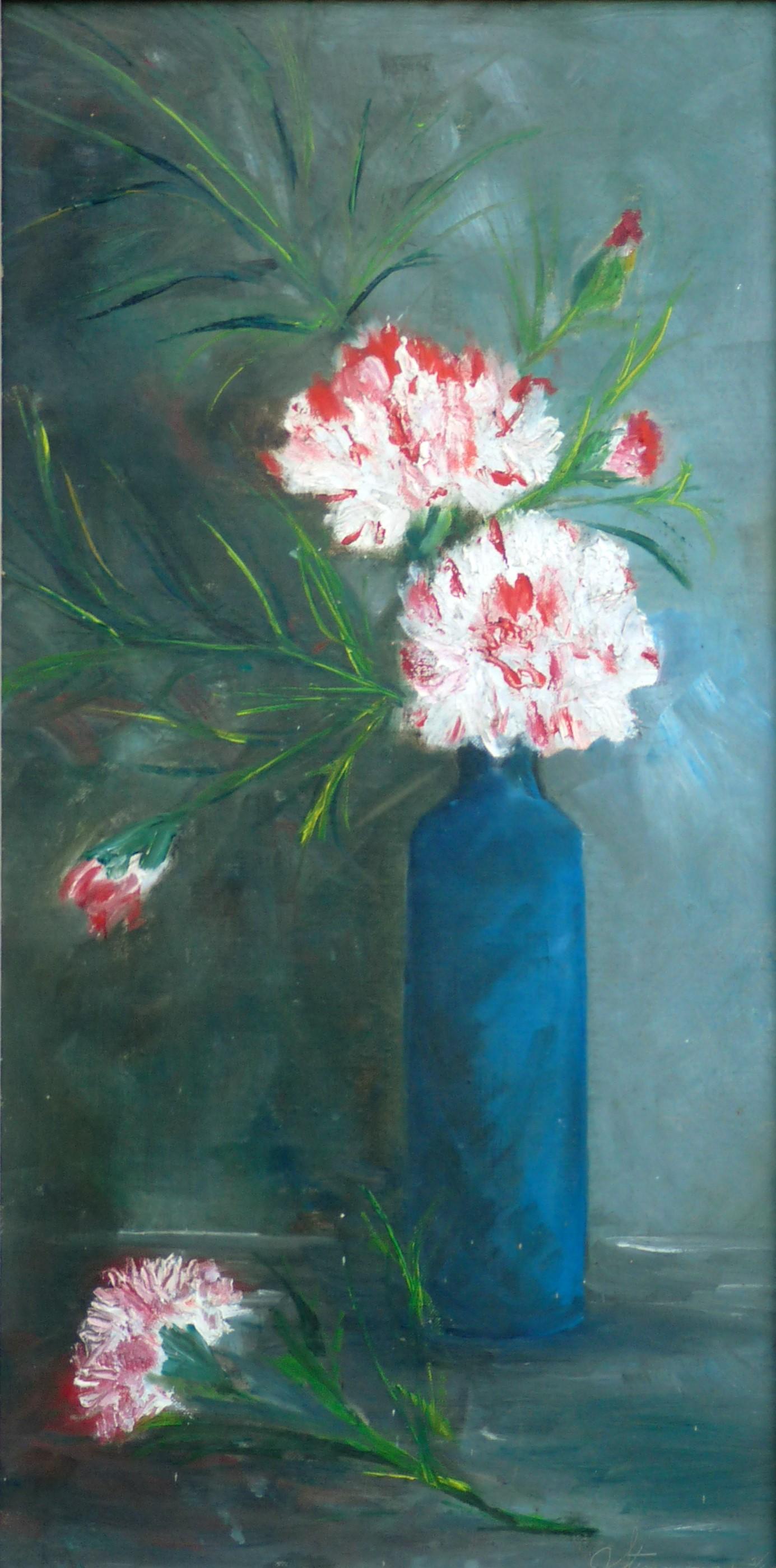 Mid Century Carnations in Blue Vase Still-Life  - Painting by Jean Stimmons 