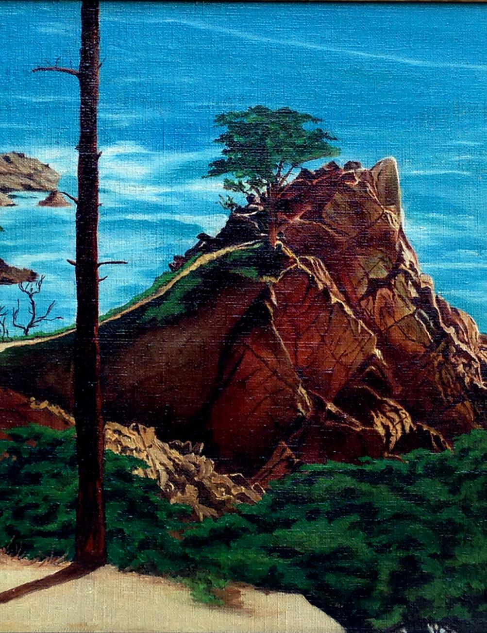 Mid Century Lone Cypress Carmel California Landscape - American Impressionist Painting by Florence Alvas