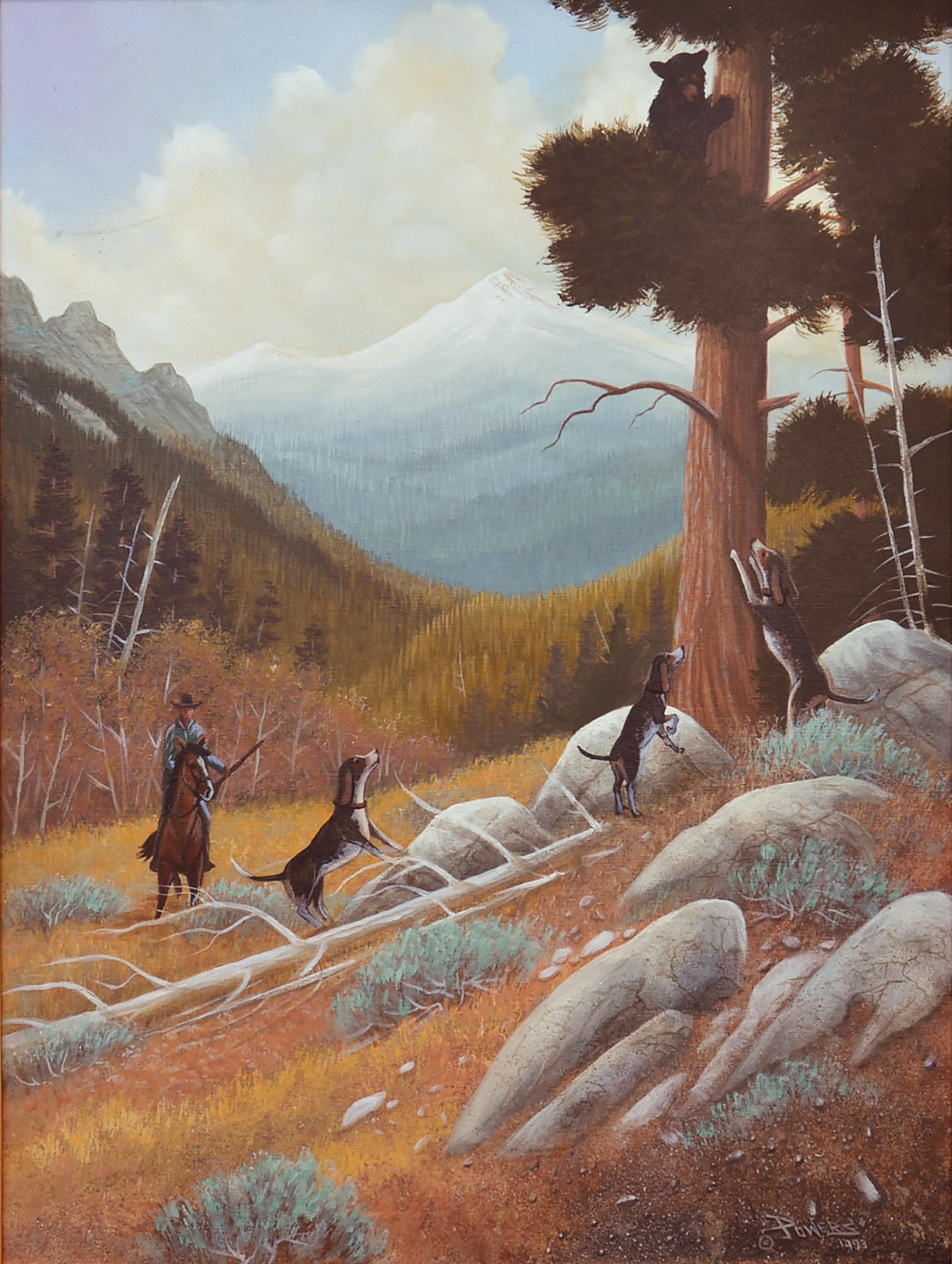Treeing Walker Coonhounds and Bear - Figurative Landscape  - Painting by Kim L Powers