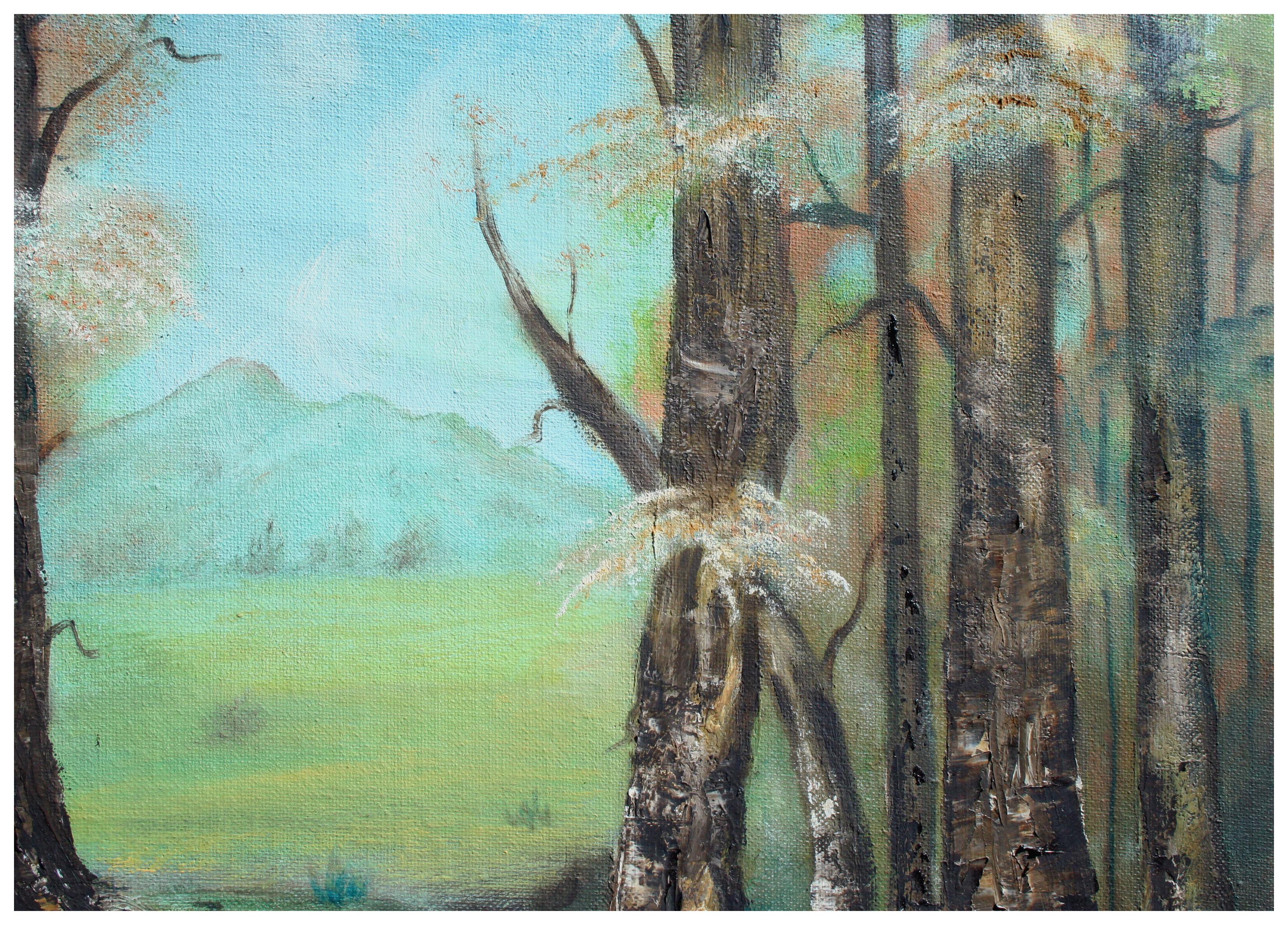 Mid Century Sycamore Trees Near Stream Landscape  - Painting by Alice Egge