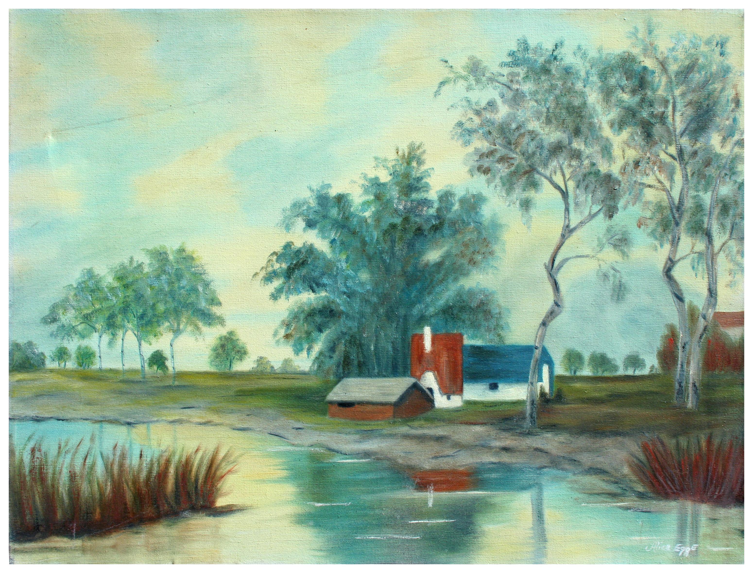 Alice Egge Landscape Painting - Farm on the River, Mid-Century Pastoral Landscape