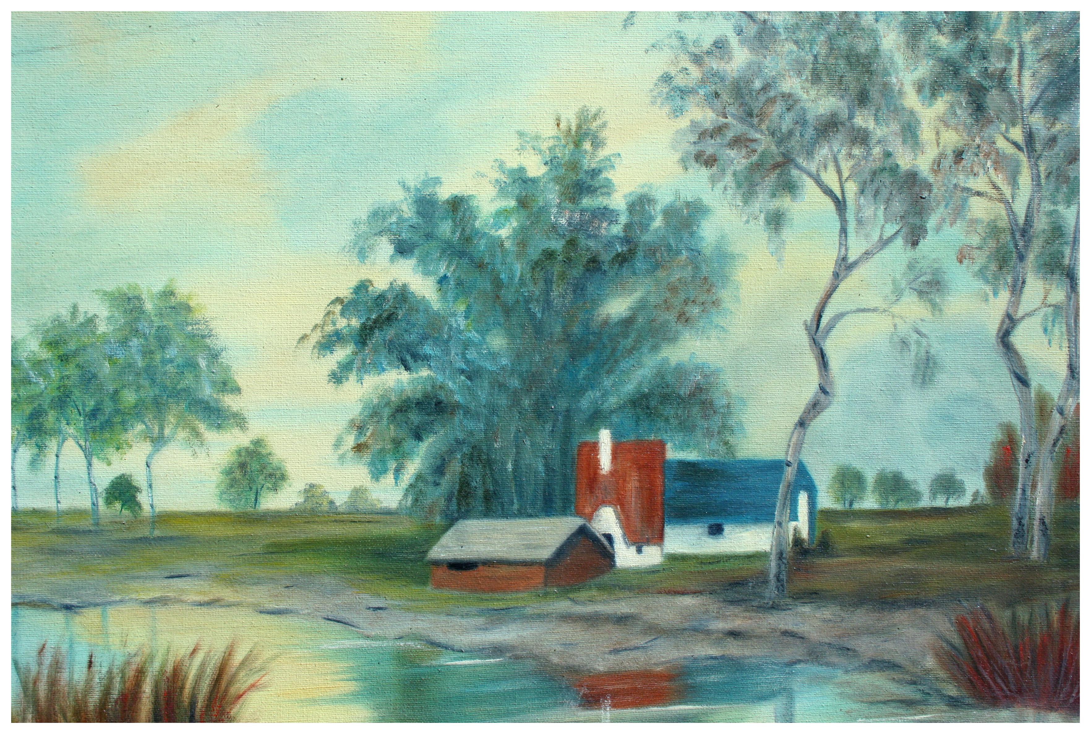 Farm on the River, Mid-Century Pastoral Landscape - Painting by Alice Egge