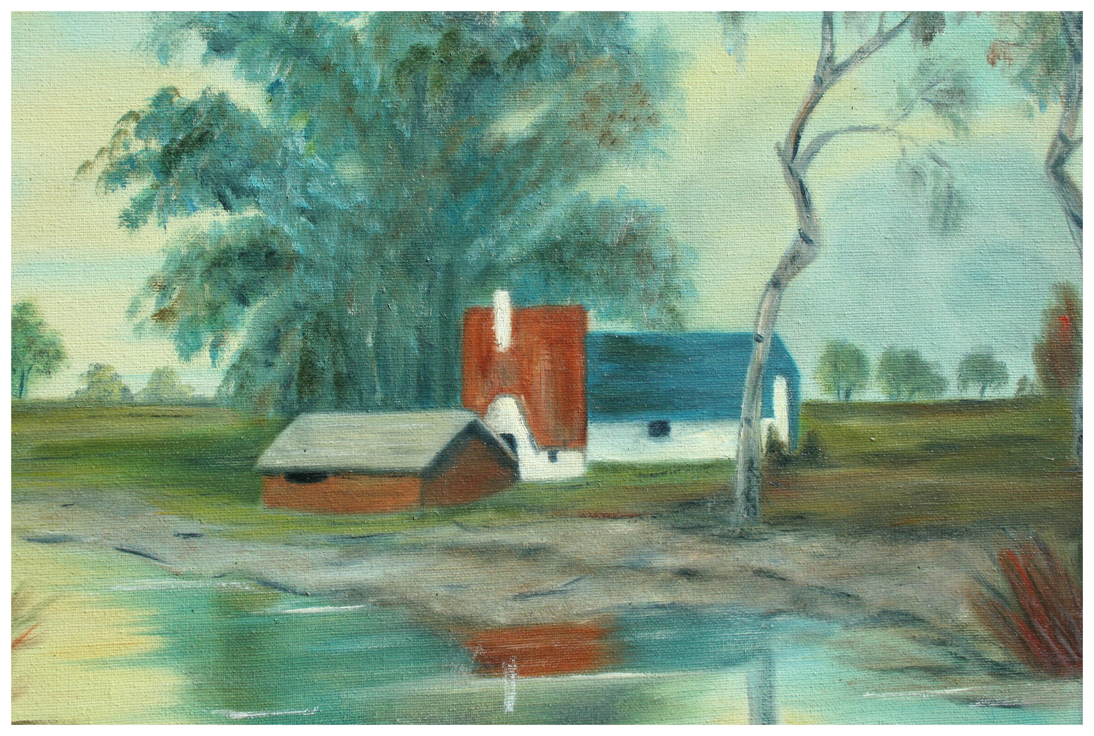 Farm on the River, Mid-Century Pastoral Landscape - American Impressionist Painting by Alice Egge
