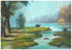 Paysage de rivière à vents du milieu du siècle dernier