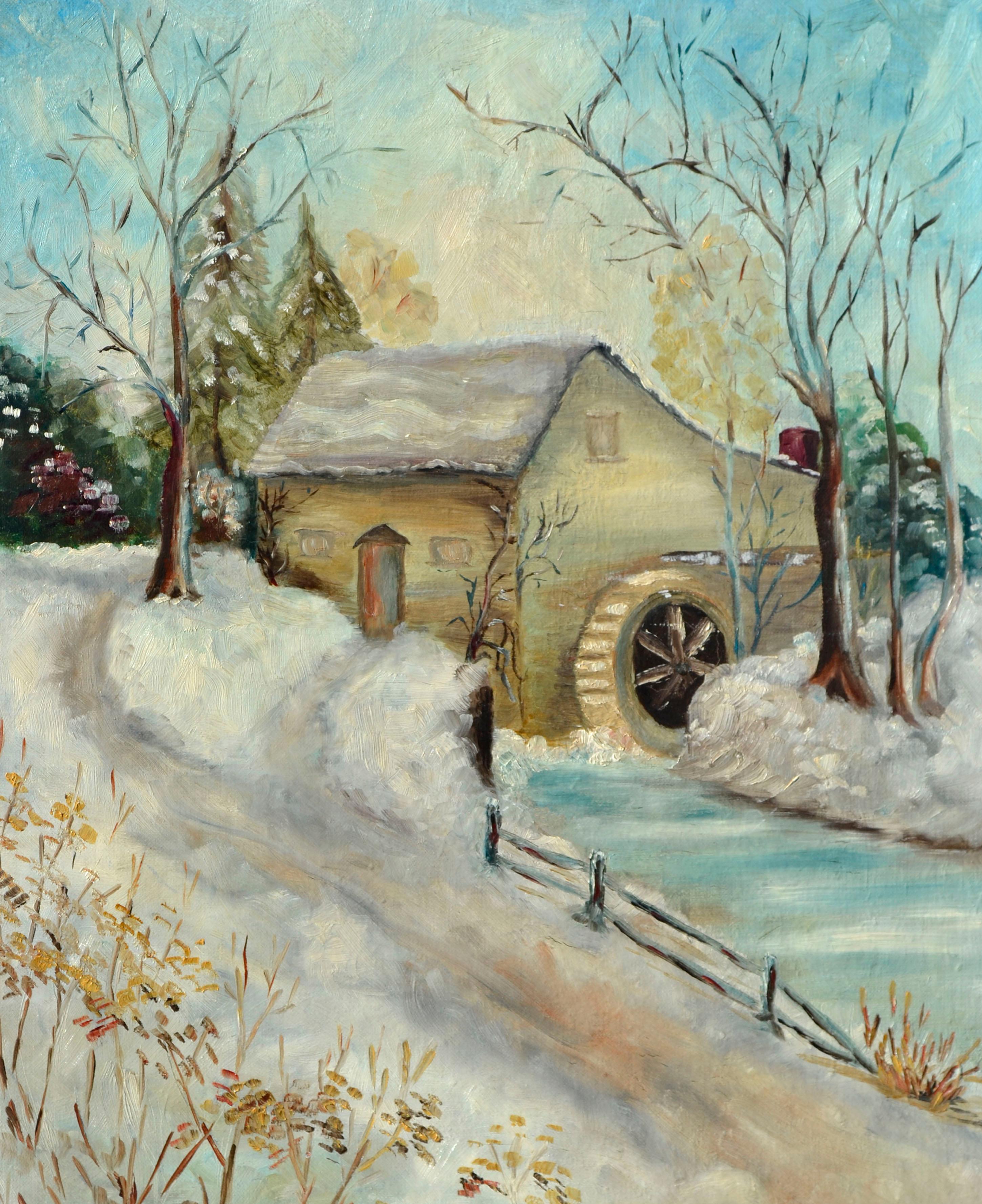 Snow Scene with Old Mill - Early 20th Century Winter Landscape - Painting by E. Harrison