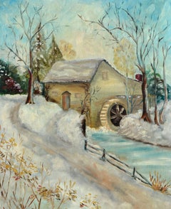 Scena di neve con vecchio mulino - Paesaggio invernale dei primi del Novecento