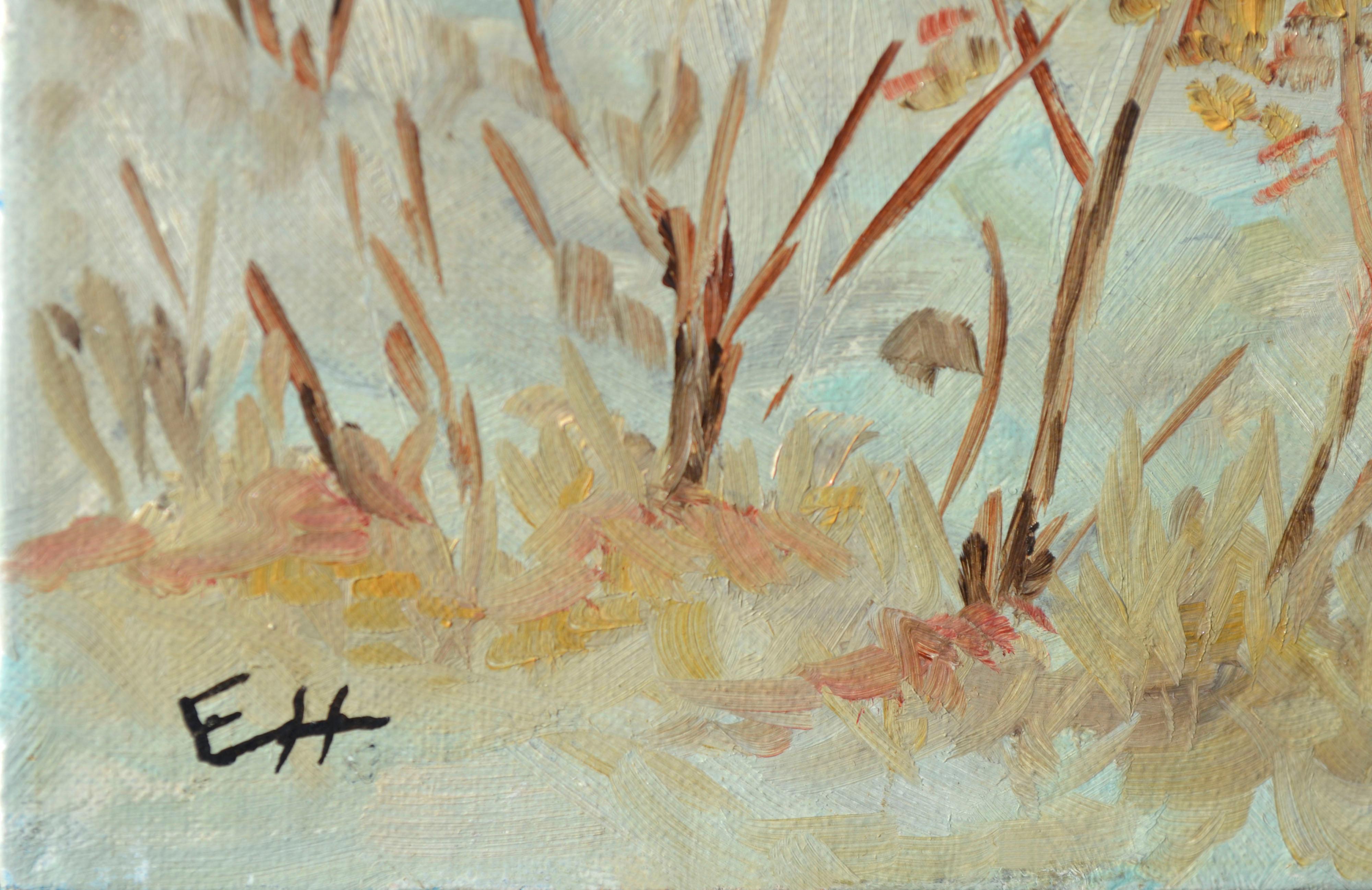 Scène de neige avec vieux moulin - Paysage d'hiver du début du 20e siècle - Gris Landscape Painting par E. Harrison