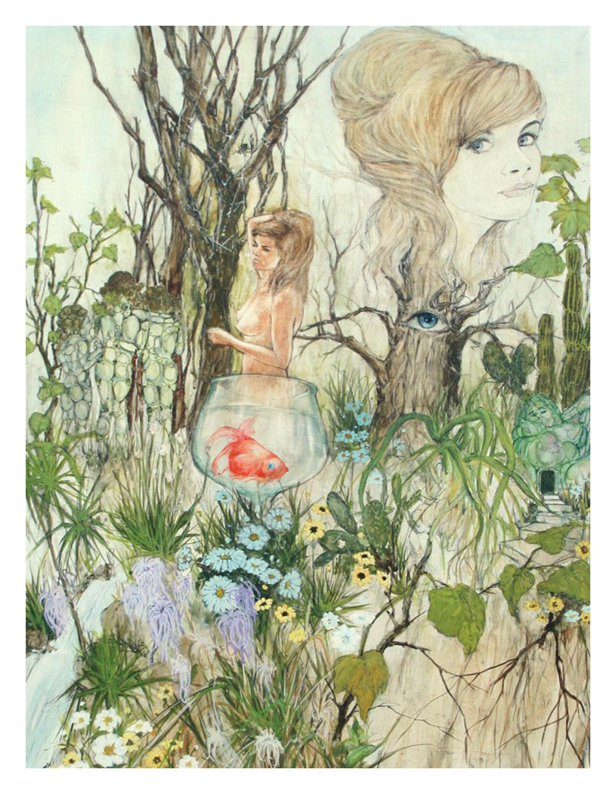 Woodland Fancy, Mid-Century Fantastical Figurative Landscape 1969 - Painting by Kenneth Fong 