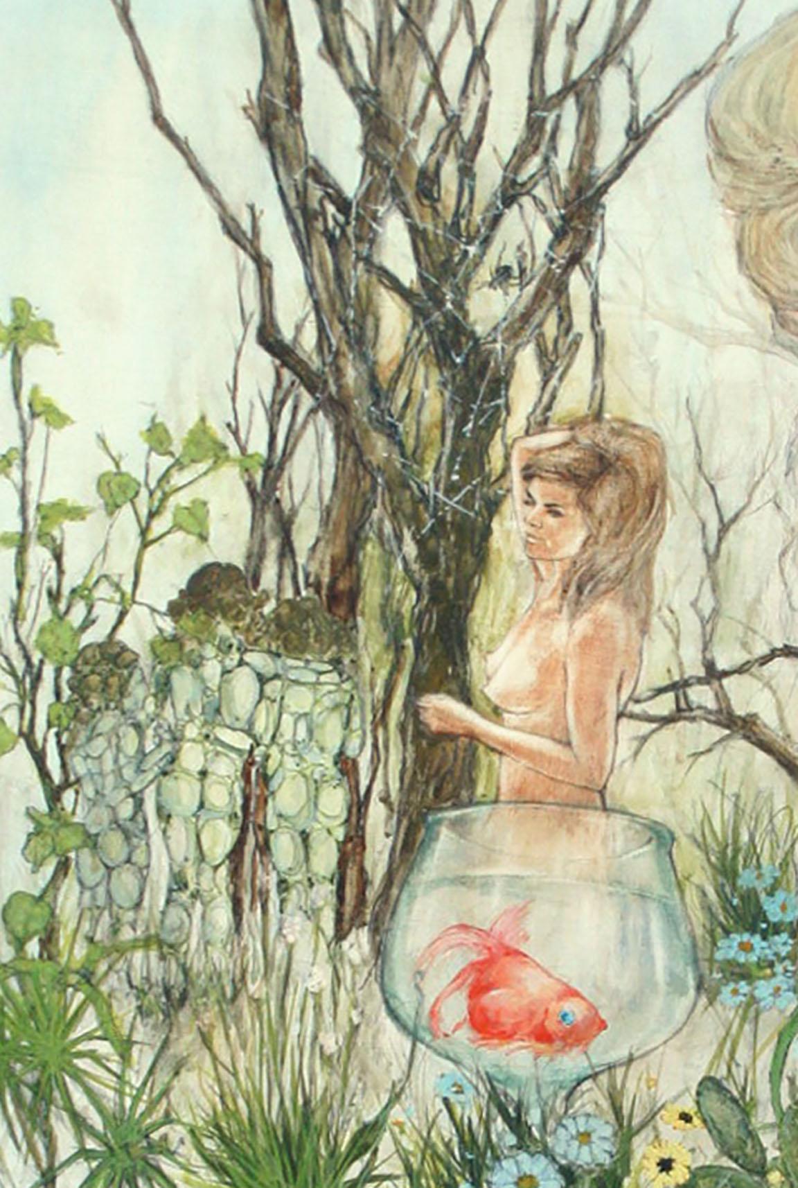Unique and fantastical mid-century painting of a nude figure standing in front of a fish in the forest surrounded by flowers, plants, and a portrait by Kenneth Fong, 1969. Symbolic, naturalistic creatures reminiscent of Alice's Down the Rabbit Hole