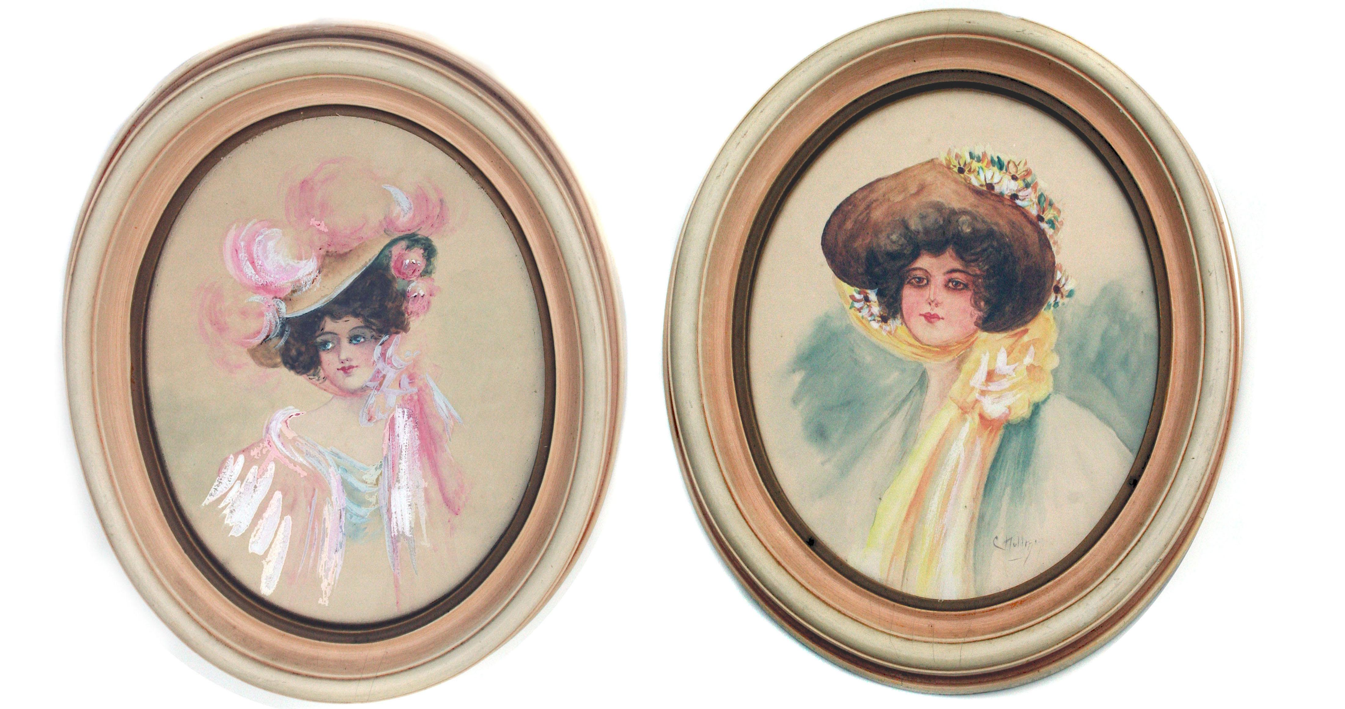 Charles Hollman Figurative Painting - Gibson Girls - Set of Two 1920's Portraits, Vintage Fashion Illustrations