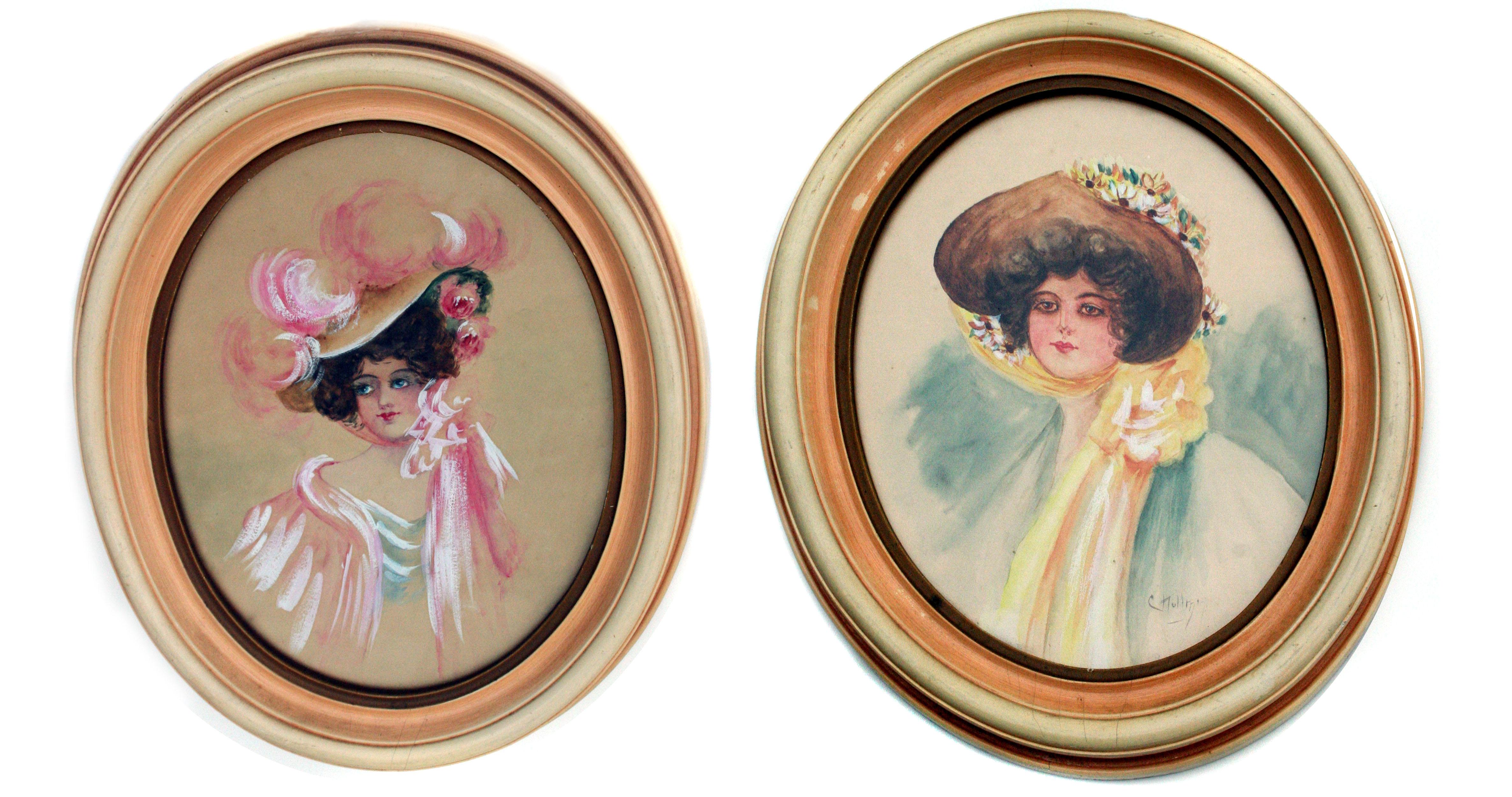 Gibson Girls - Set of Two 1920's Portraits, Vintage Fashion Illustrations - Painting by Charles Hollman