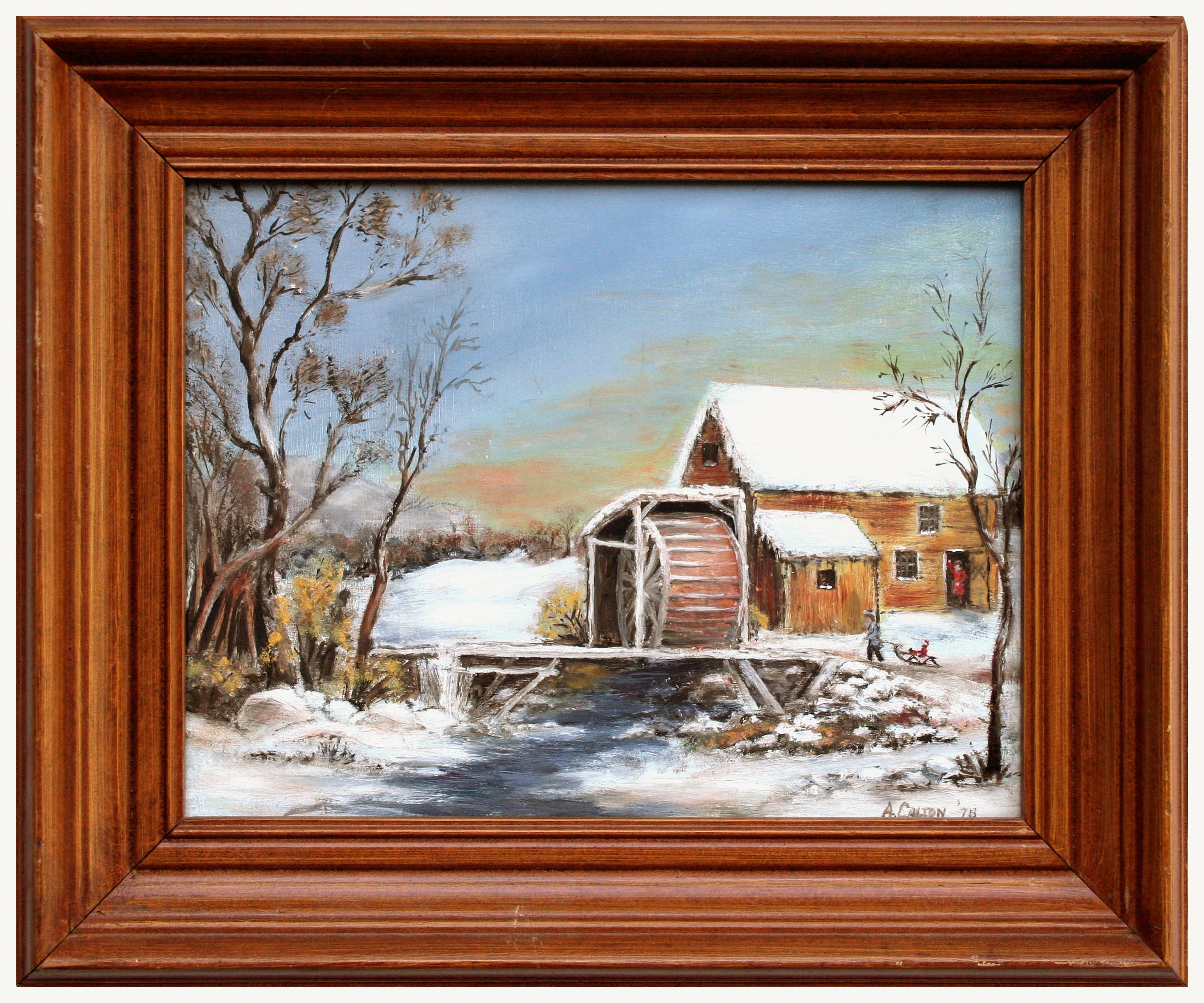 S. Carlton Figurative Painting - Snowy Watermill - Winter Landscape