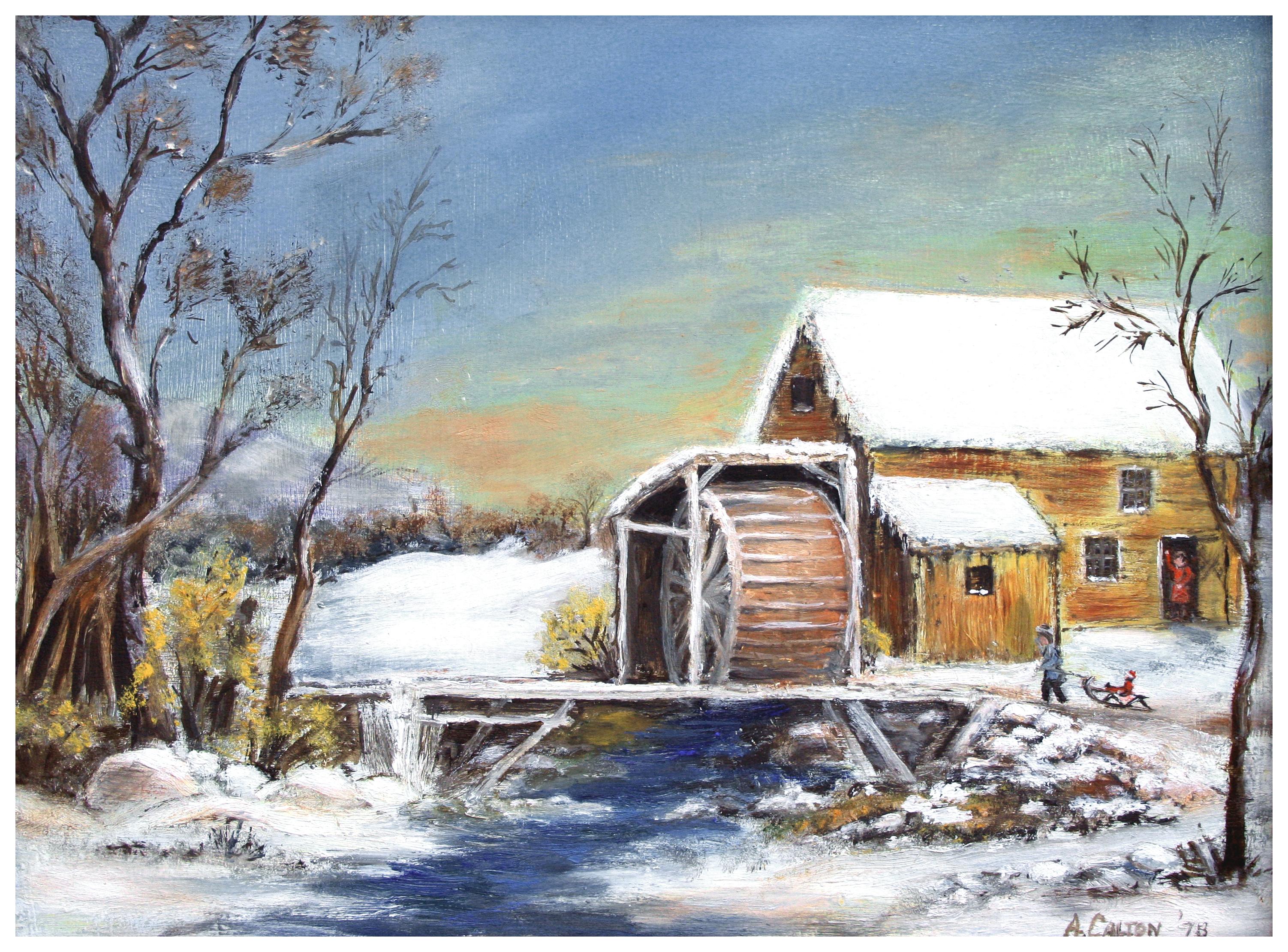 Snowy Watermill - Winter Landscape - Painting by S. Carlton