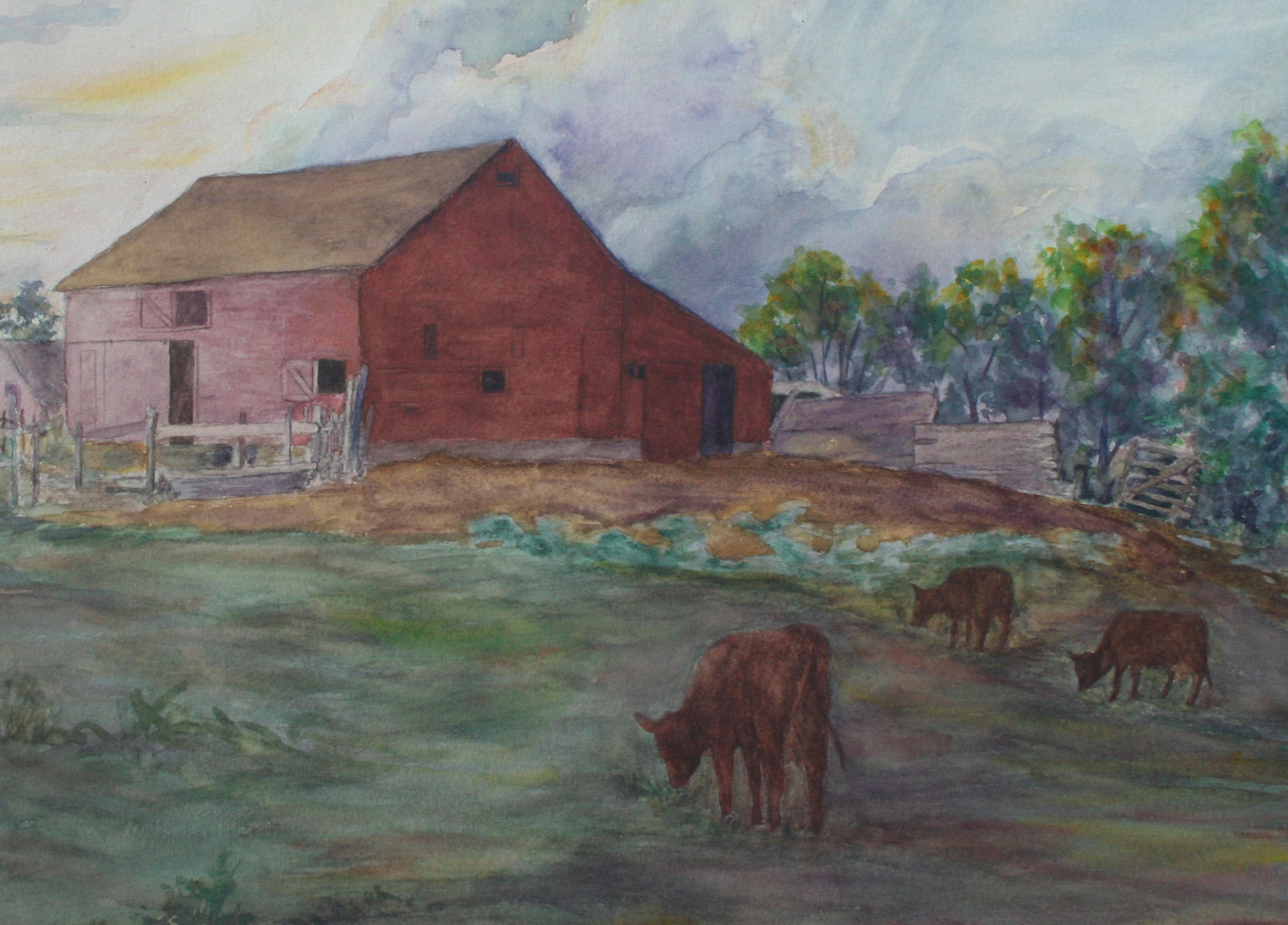 Mid Century Red Farmhouse Landscape  - Art by Thelma Fike Rodehorst
