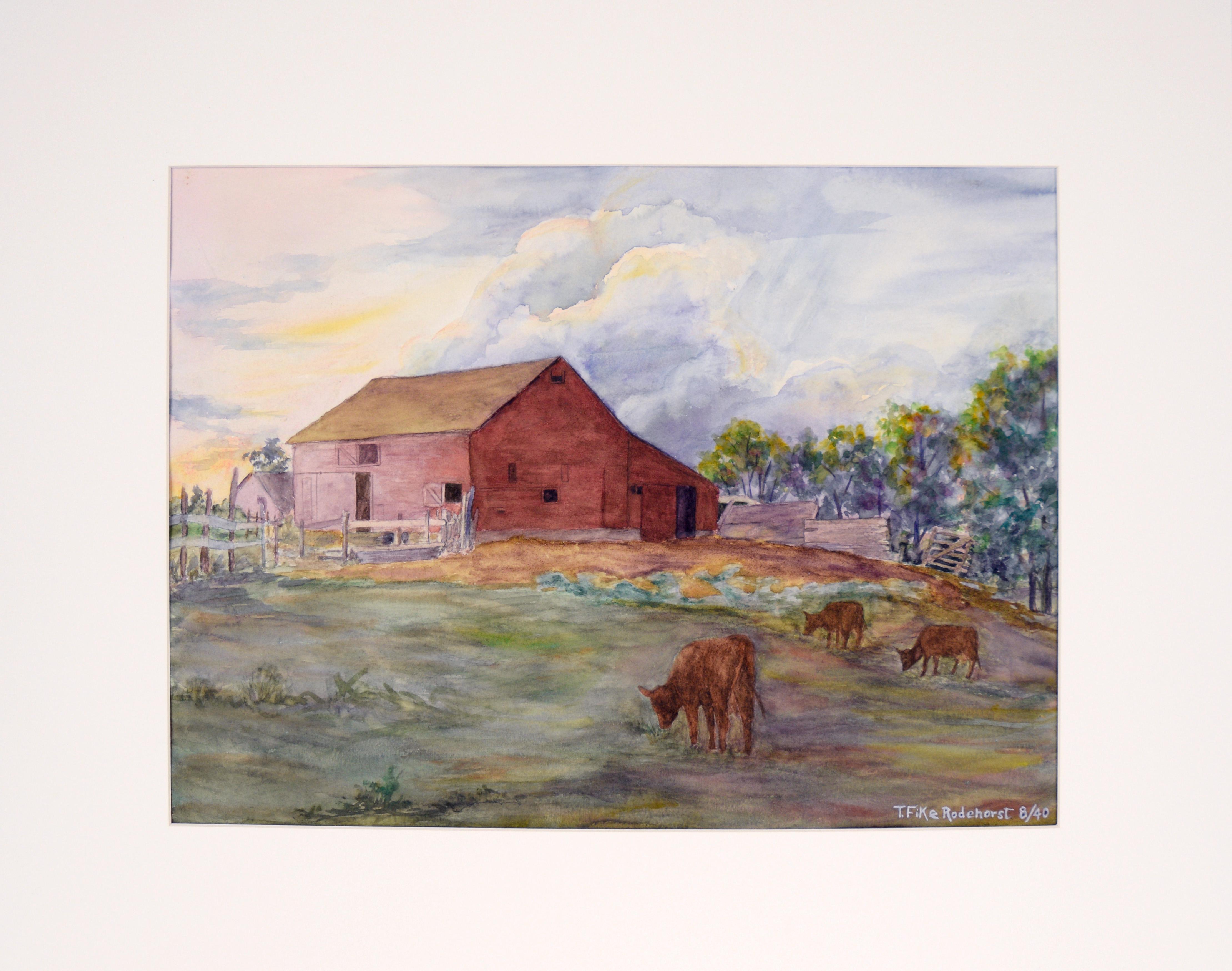 Original Mid-Century Red Farmhouse Watercolor Landscape Painting