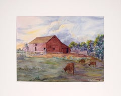 Original Mitte des Jahrhunderts Rotes Bauernhaus Aquarell Landschaftsgemälde