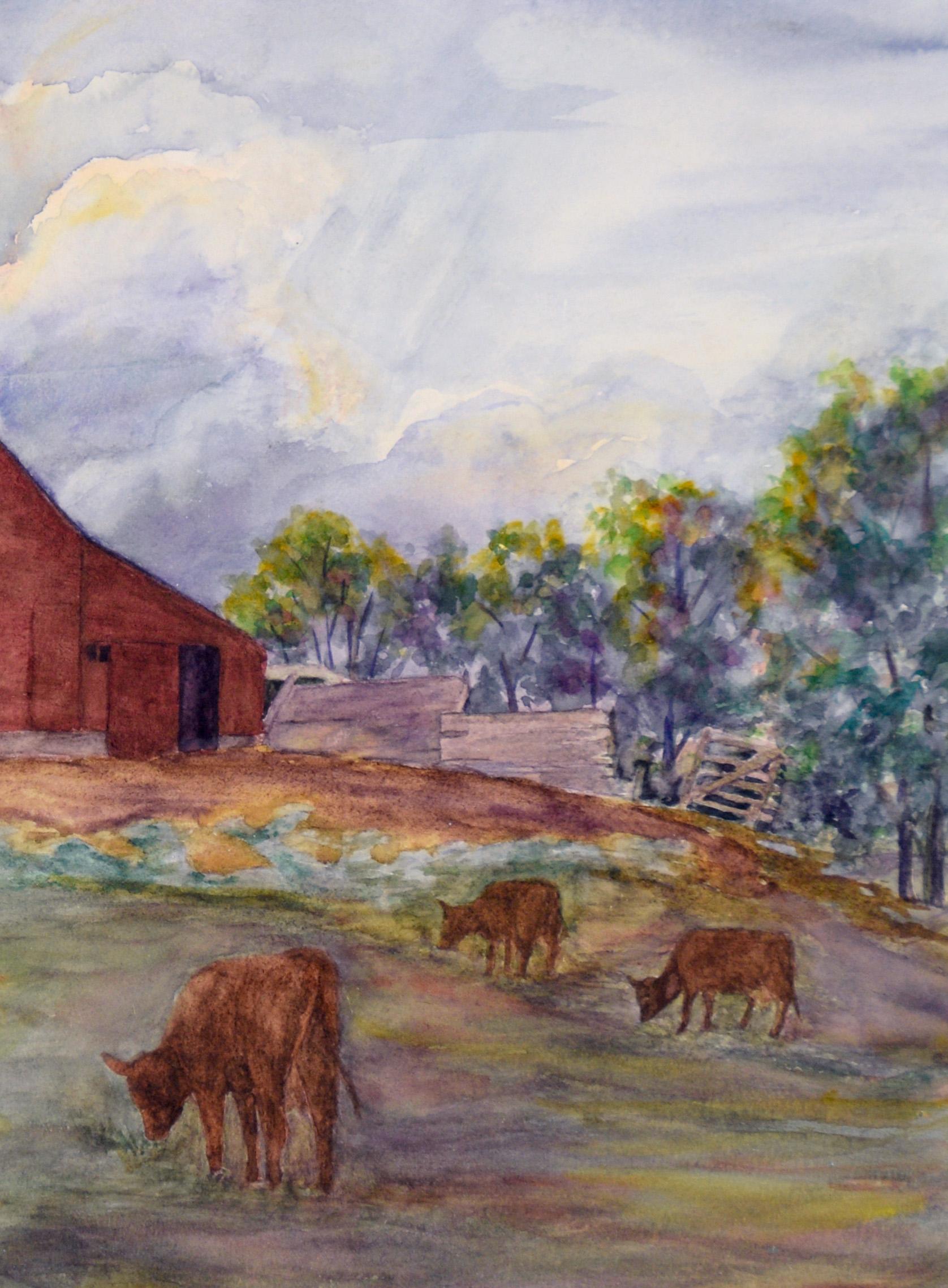 Pittura originale del paesaggio ad acquerello della fattoria rossa di metà secolo - Art Impressionismo americano di Thelma Fike Rodehorst