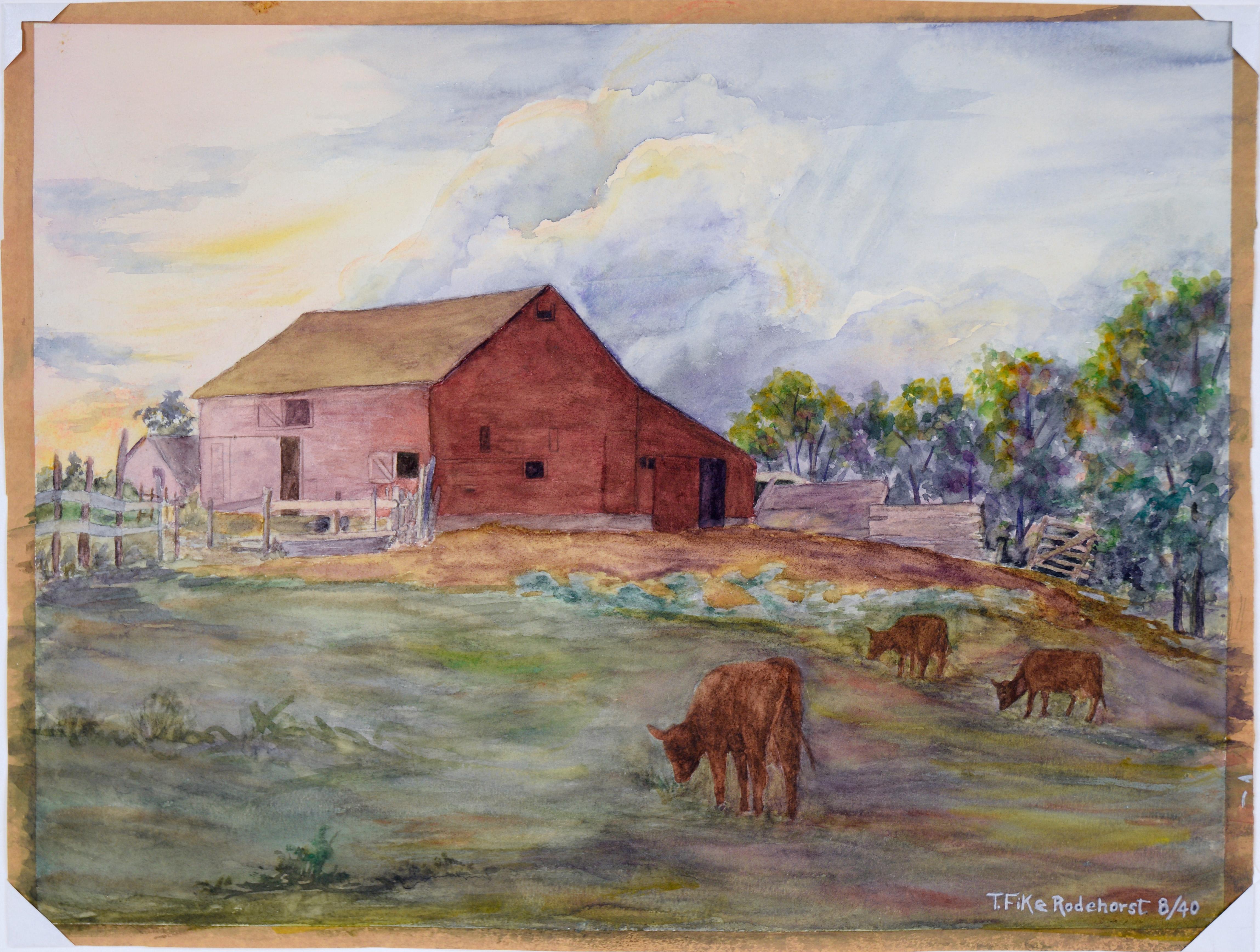 Pittura originale del paesaggio ad acquerello della fattoria rossa di metà secolo - Animal Art Grigio di Thelma Fike Rodehorst
