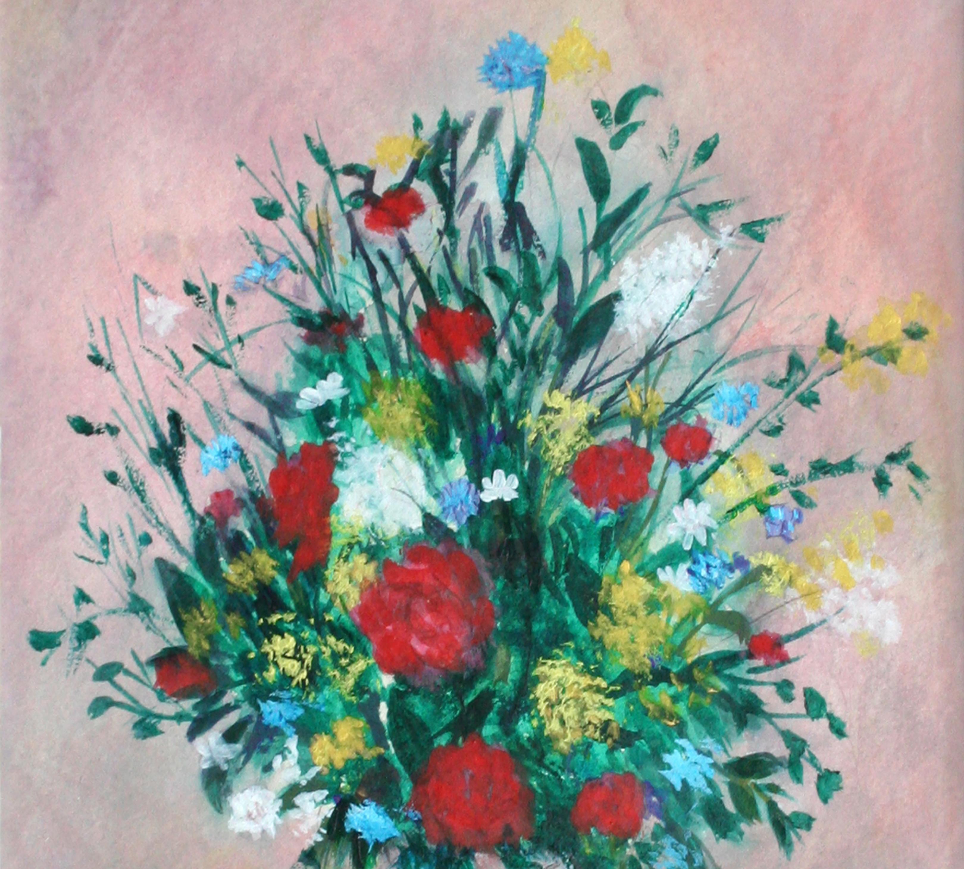 Bodegón de flores de verano de mediados de siglo - Painting de E. Ruckser