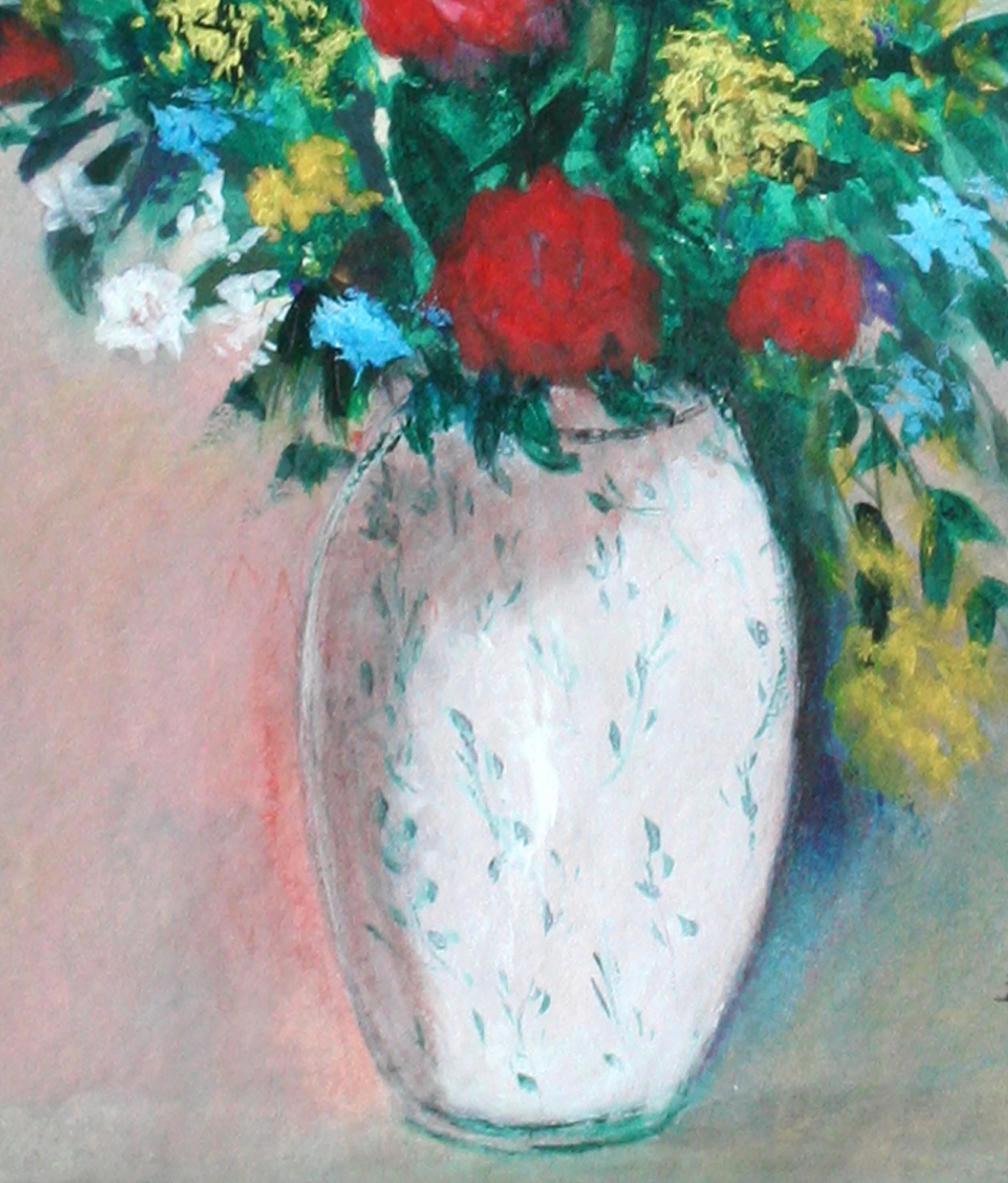 Bodegón de flores de verano de mediados de siglo - Painting impresionista estadounidense de E. Ruckser