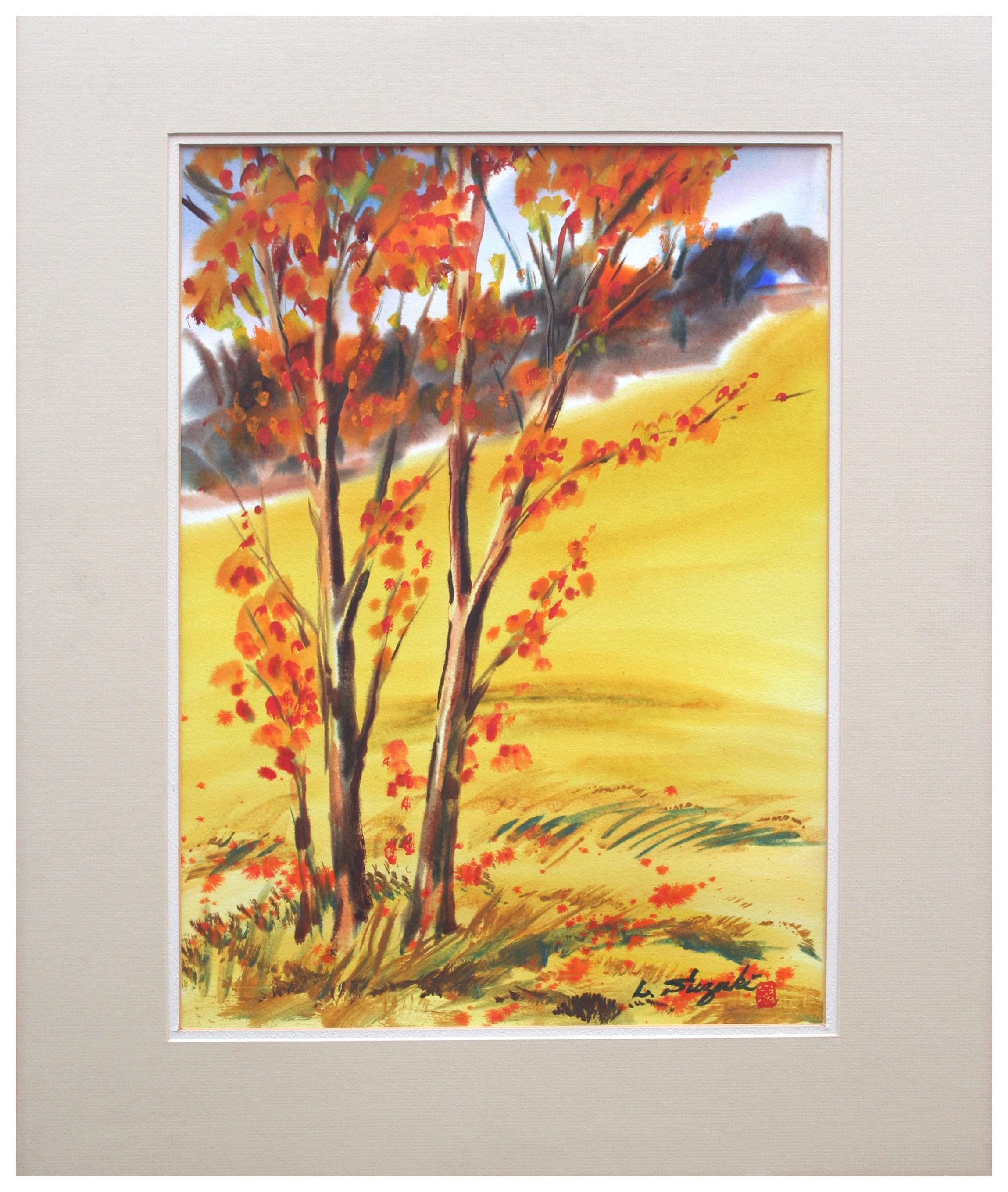 Lewis Suzuki Landscape Art - Aspen in Fall, 1970s Vintage Autumn Landscape Watercolor