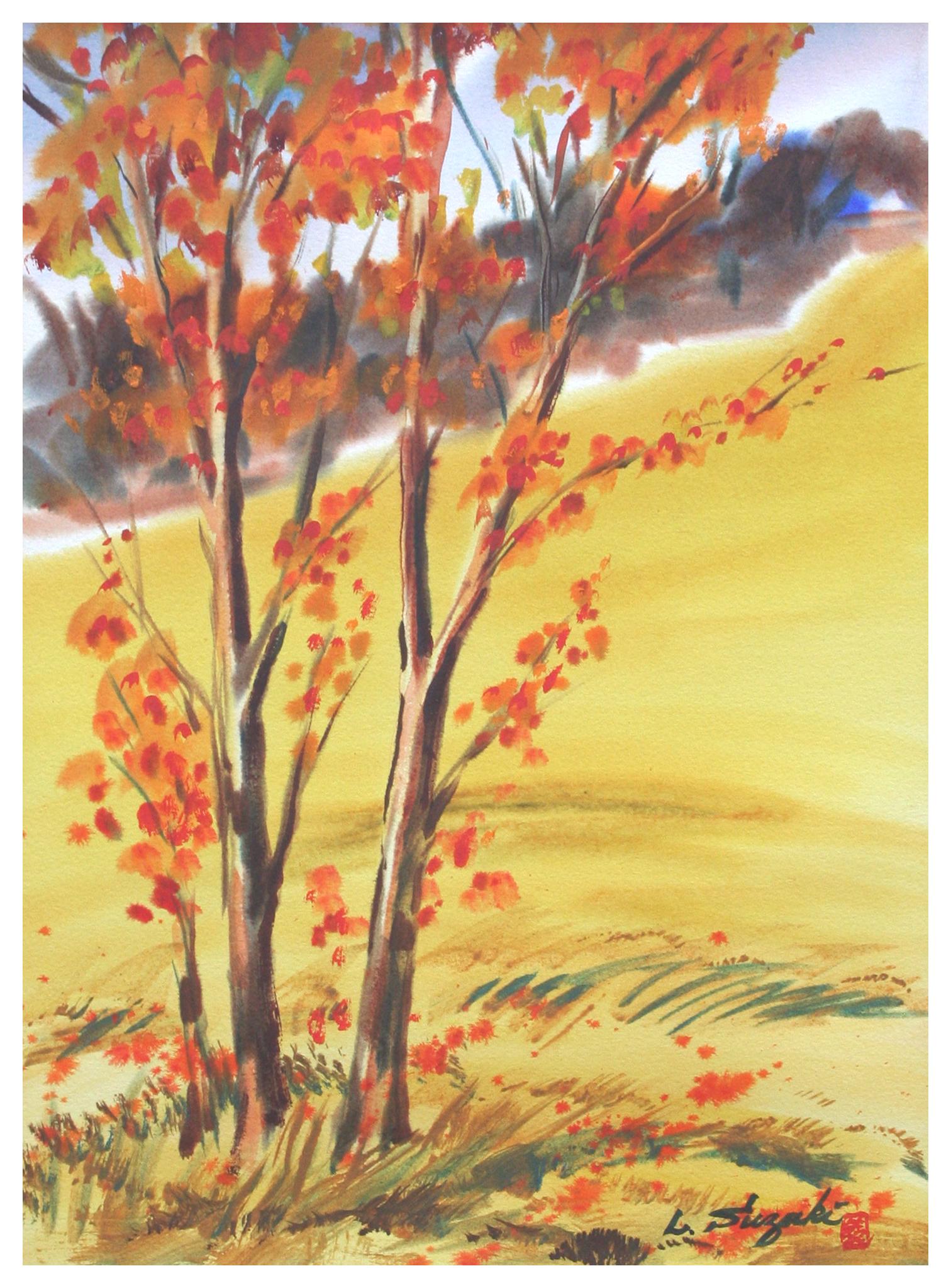 Aspen in Fall, 1970s Vintage Autumn Landscape Watercolor - Art by Lewis Suzuki