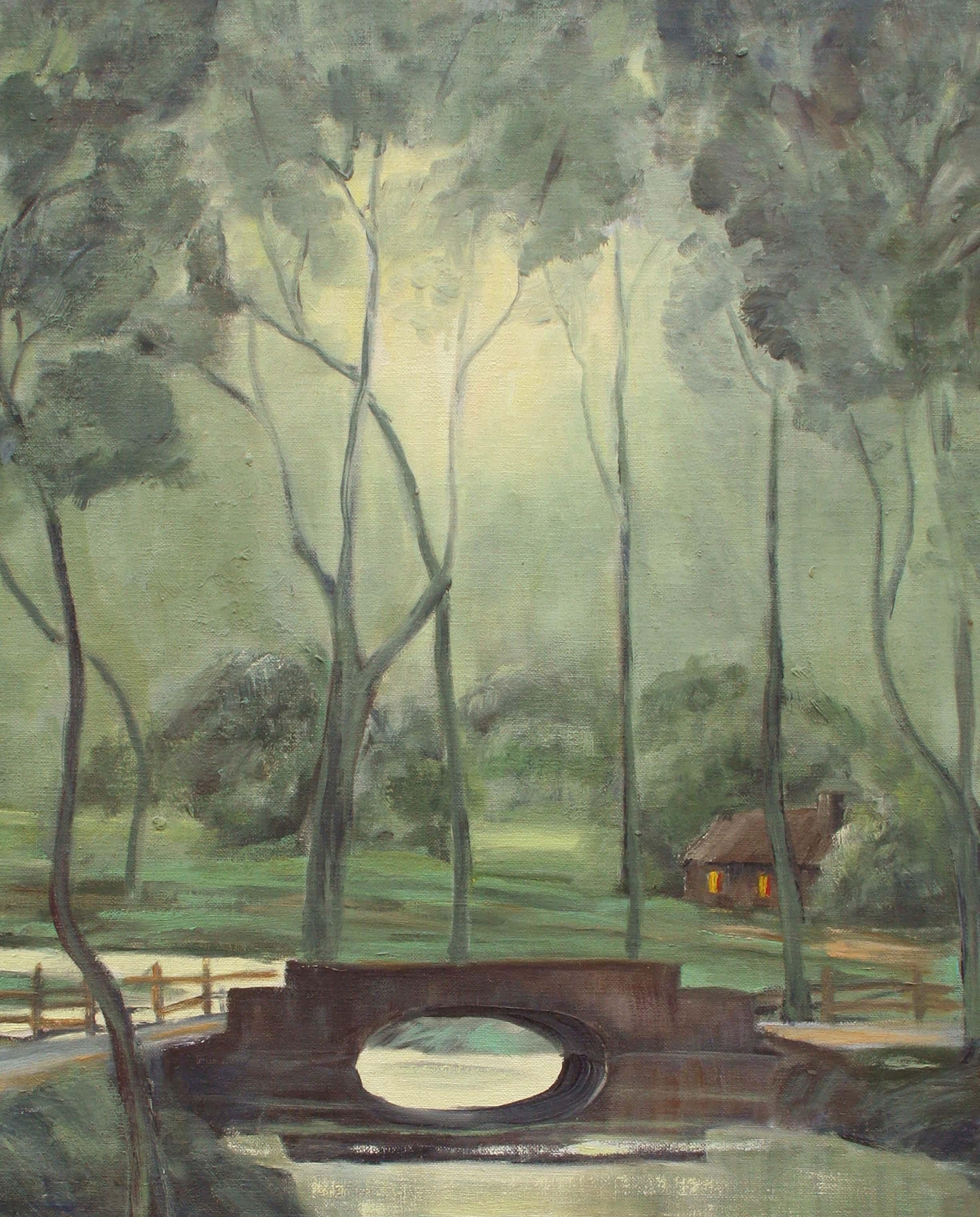 Mid Century Moonlight Scene - Nocturnal Forest Landscape - Painting by Eloise S. Hardebeck