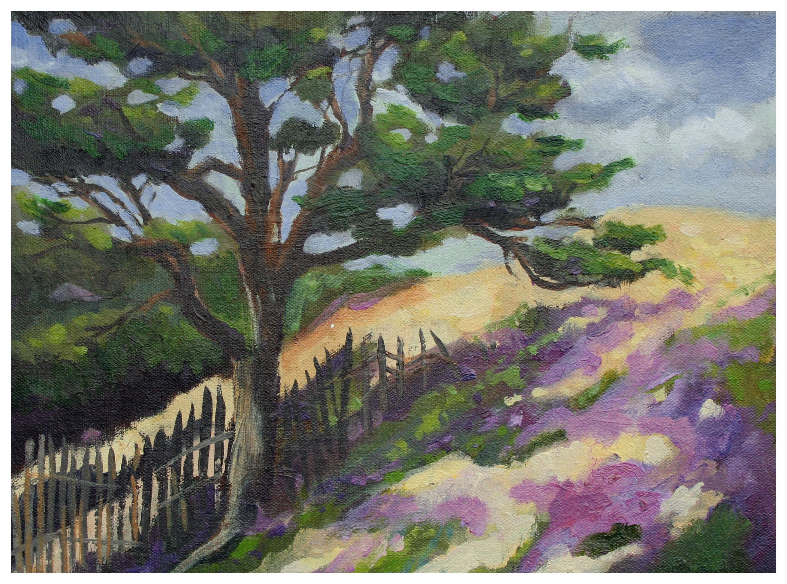 Monterey Hilltop Cypress Tree Landscape - Painting by Nancy Faisant