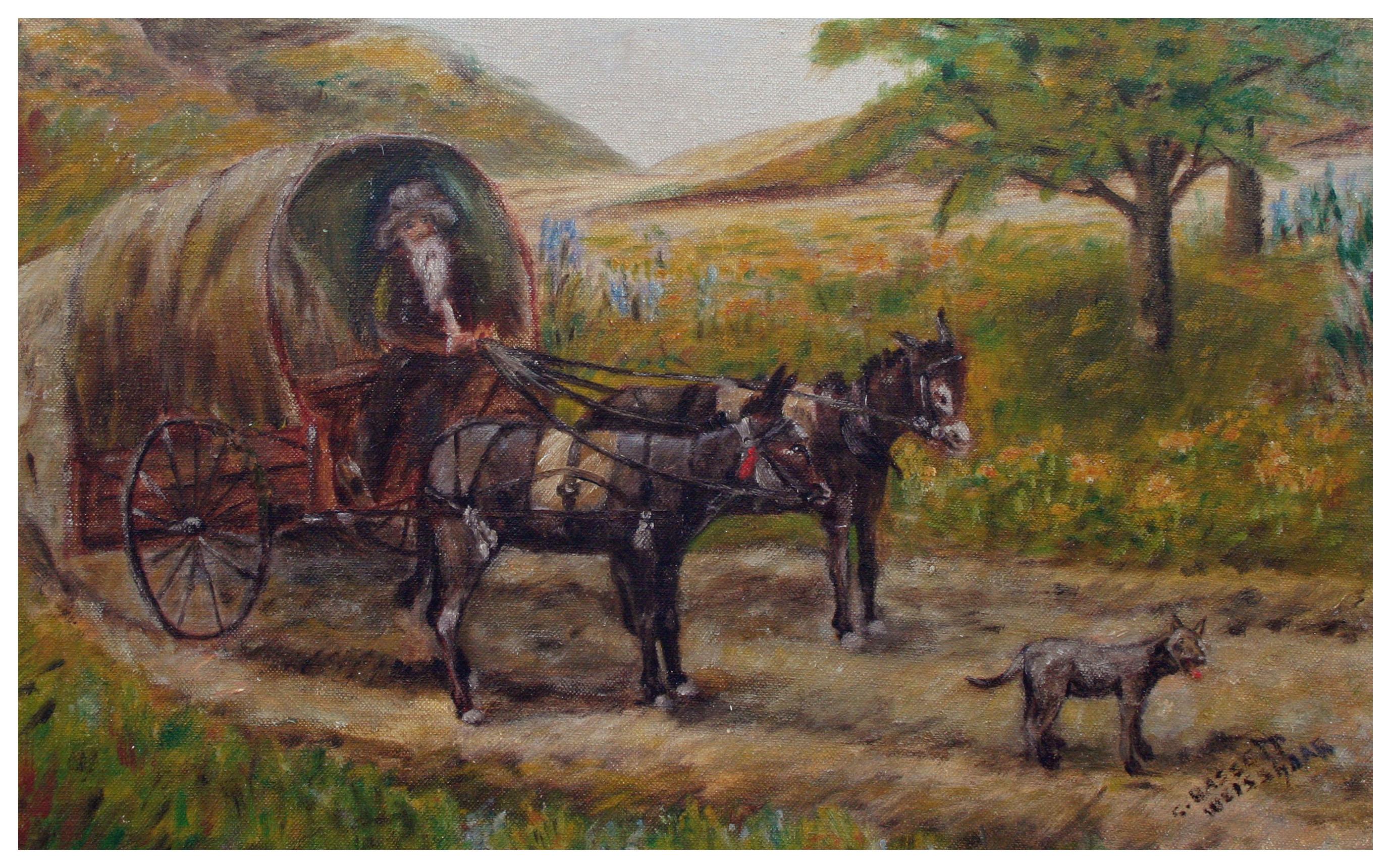 Wagon on the Road - Paysage du début du 20e siècle avec ânes  - Painting de S. Bassett Weisshaar