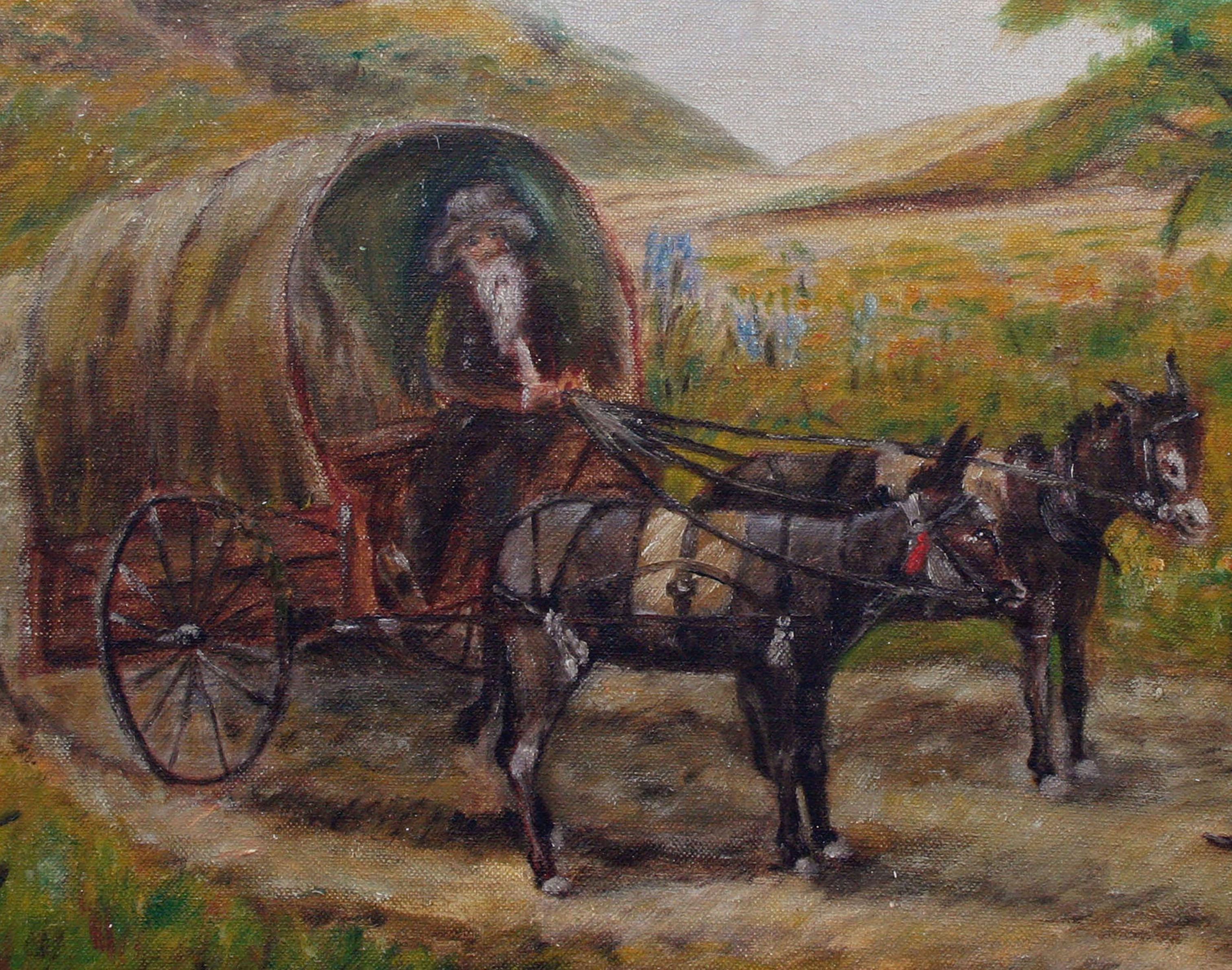 Wagon on the Road - Paysage du début du 20e siècle avec ânes  - Impressionnisme américain Painting par S. Bassett Weisshaar