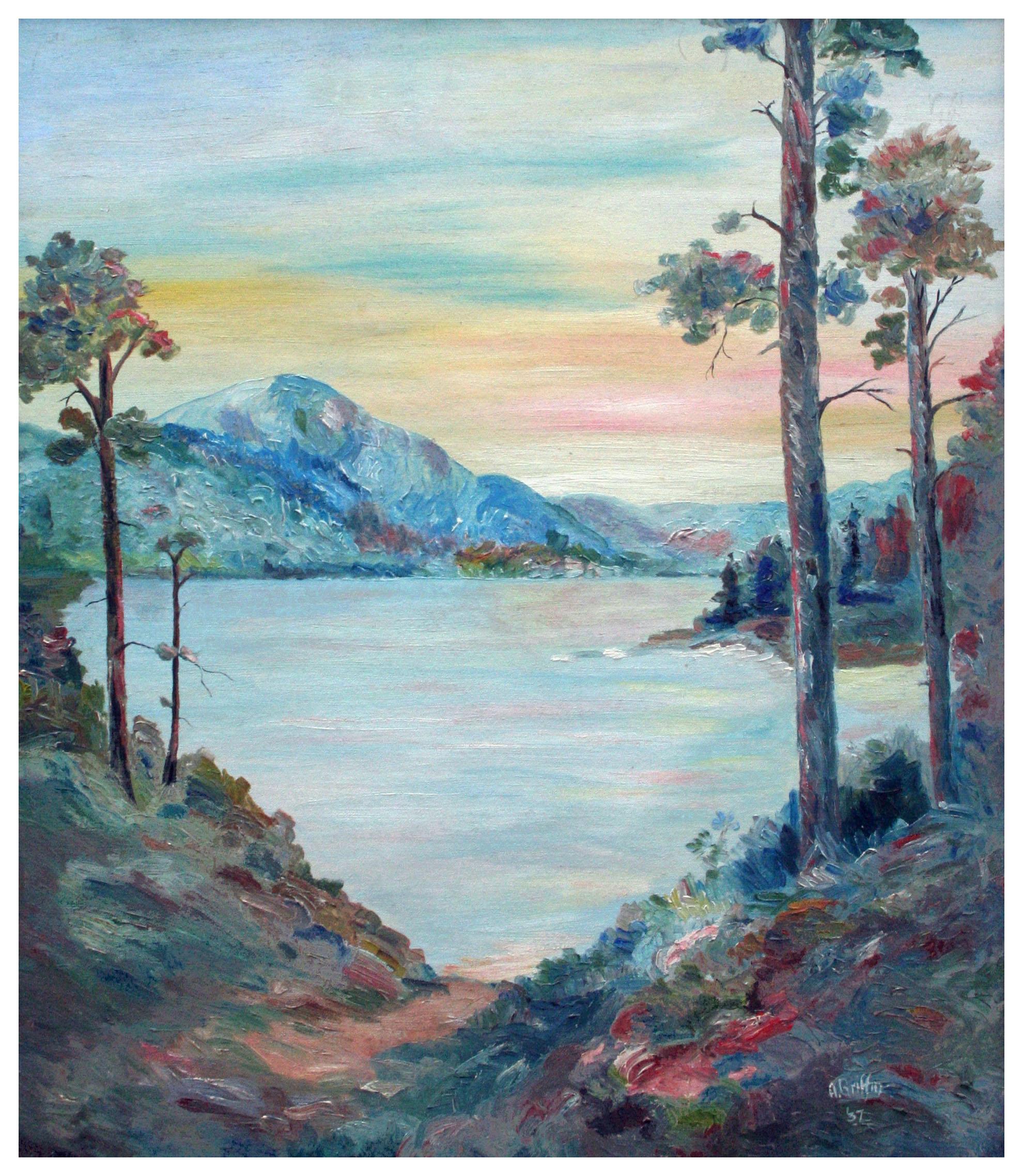 Camino del lago, paisaje de montaña de los años 30 - Painting de A. Griffin