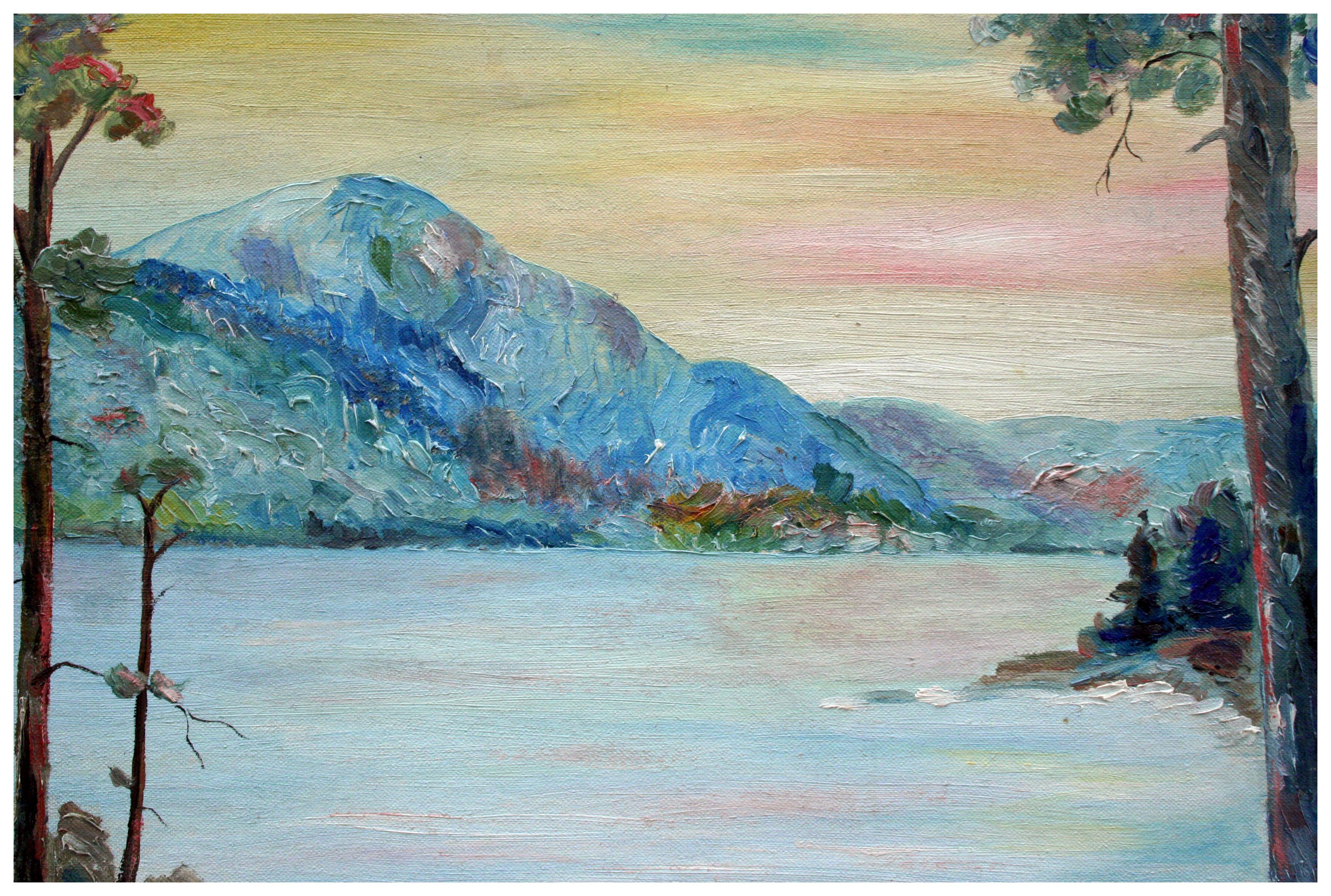 Camino del lago, paisaje de montaña de los años 30 - Painting impresionista estadounidense de A. Griffin