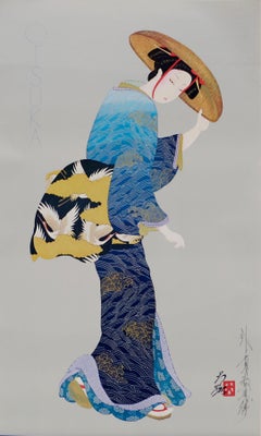 Vintage Woman in Blue Kimono - Signed Lithograph 