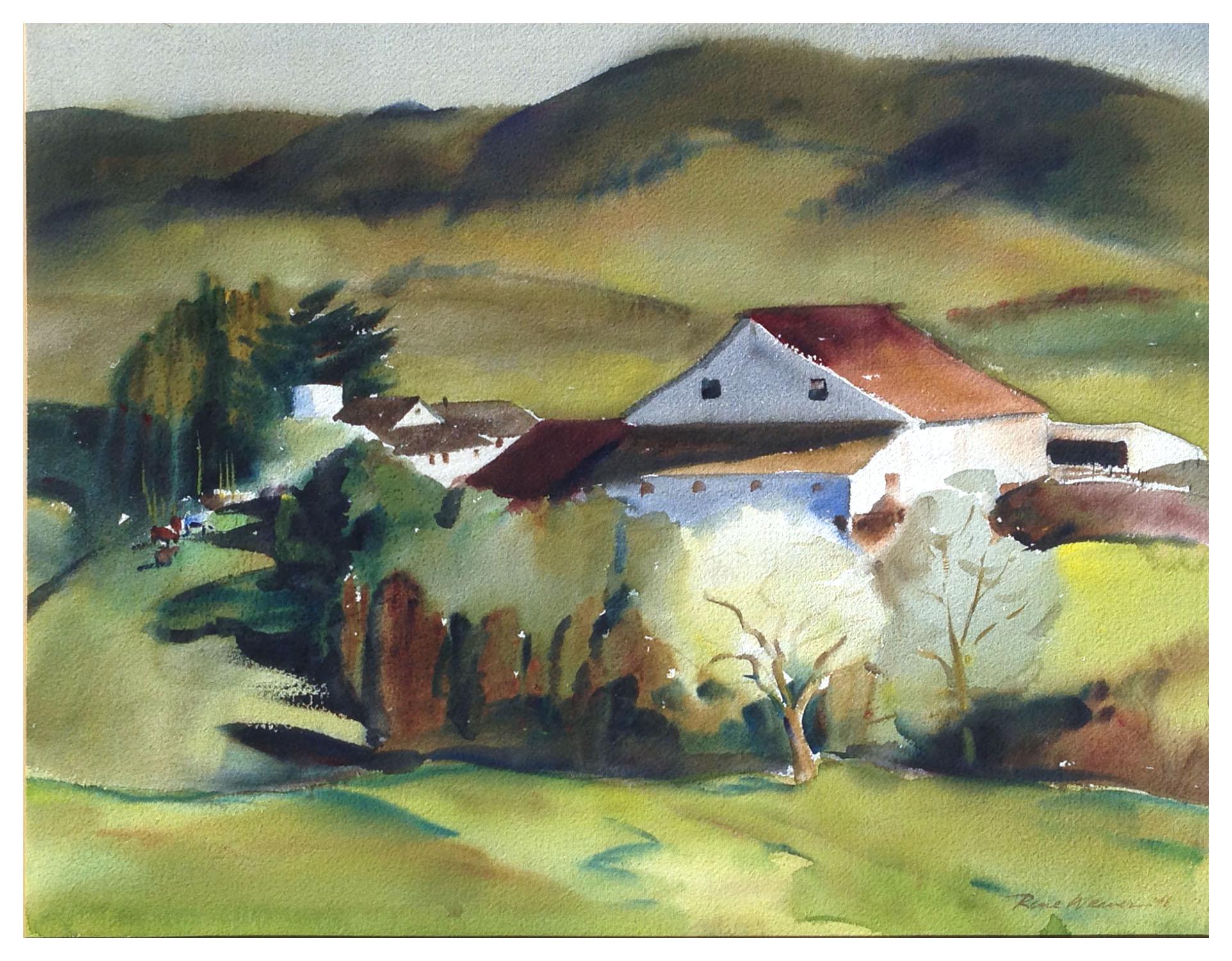 Mid Century Country House Landscape - Art by Rene Weaver