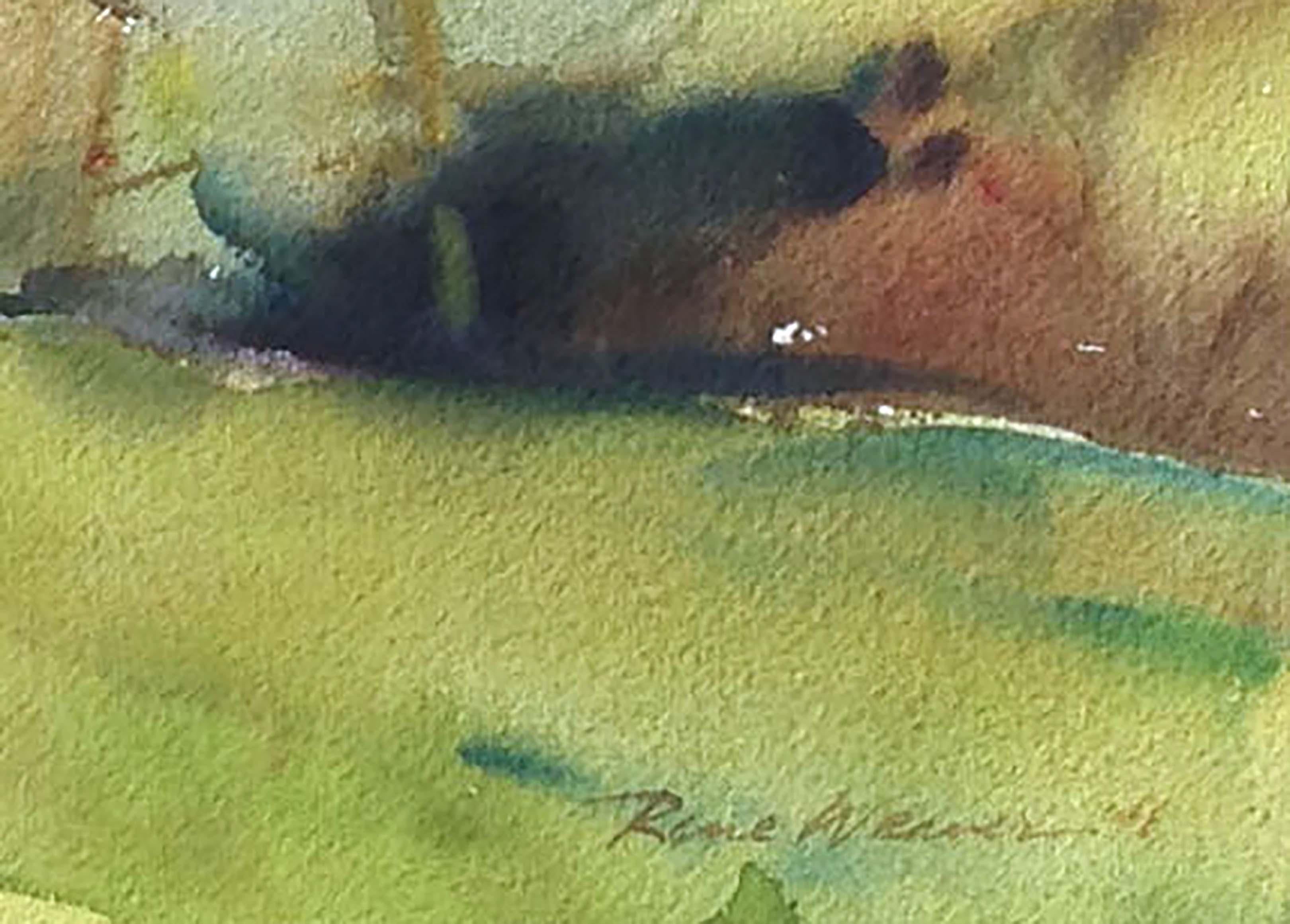 Lebhaftes Aquarell eines Landhauses und einer Baumgruppe in einer ländlichen Landschaft mit sanften grünen Hügeln und Bauernhoftieren in der Ferne, von dem kalifornischen Künstler Rene Weaver (Amerikaner, 1897-1984). Signiert und datiert 