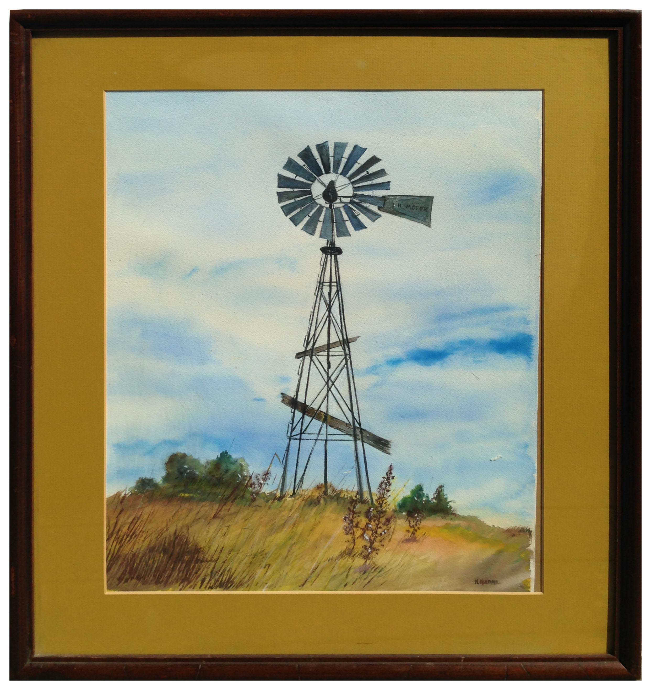 H. Kendall Landscape Art - Mid Century Windmill Rural Landscape 