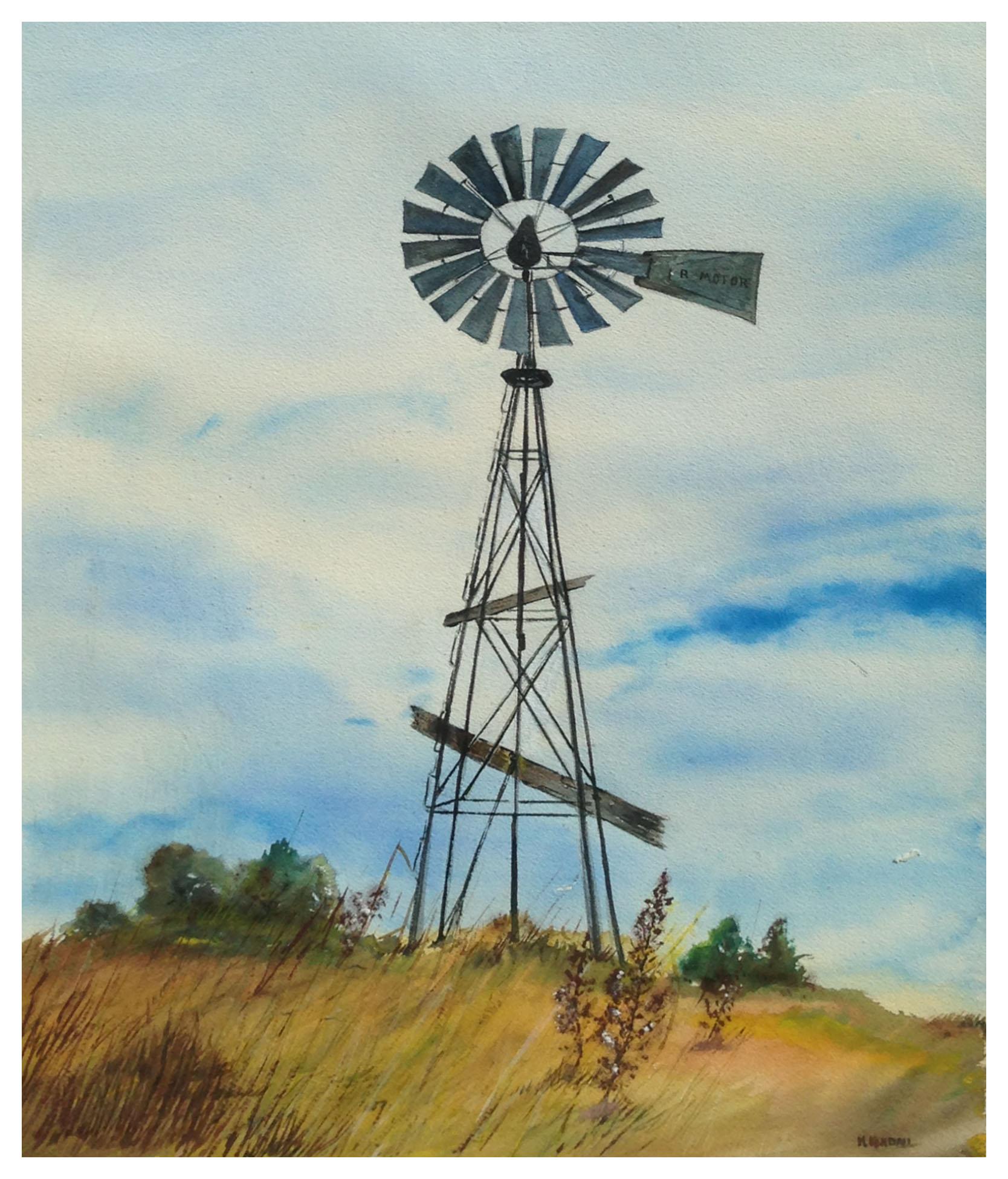 Mid Century Windmill Rural Landscape  - Art by H. Kendall