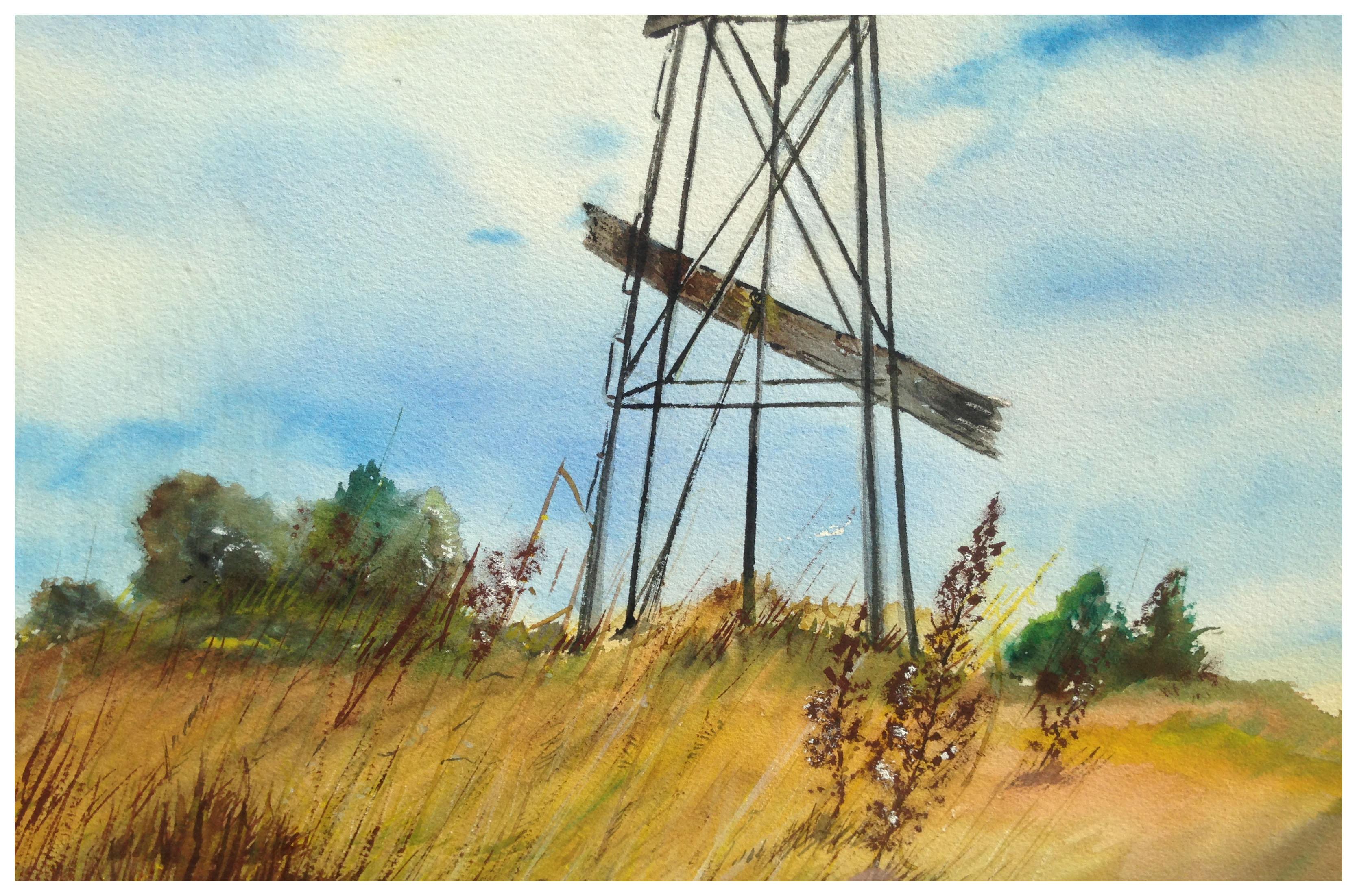Paisaje rural con molino de viento de mediados de siglo - Art impresionista estadounidense de H. Kendall